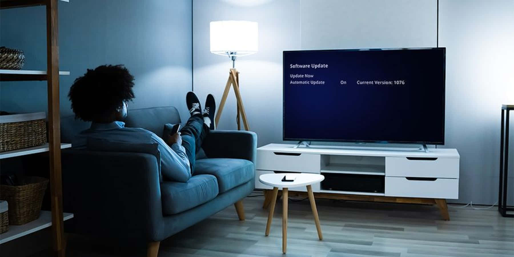blue sofa, dimly lit modern living room, TV, HD Desktop Wallpaper