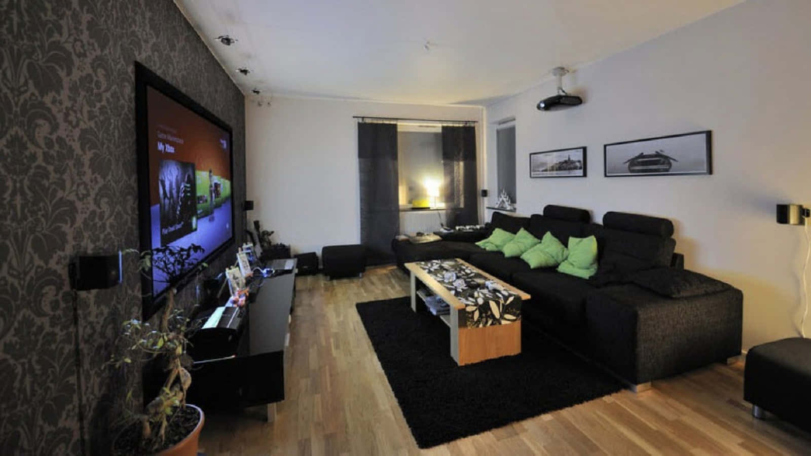 Home Cinema, 1600 x 900, black sofa, HD Desktop Wallpaper