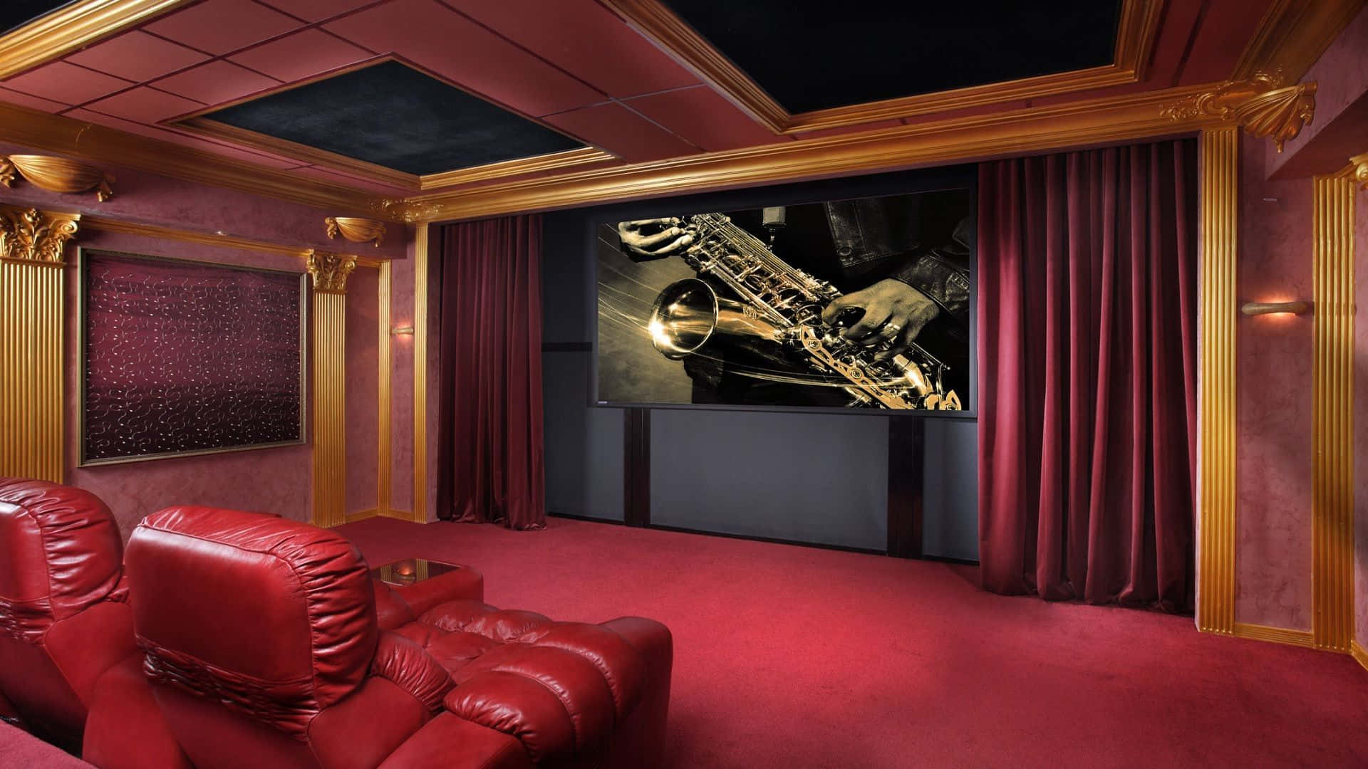 red leather recliners, gold trim, large screen, Full HD Desktop Wallpaper