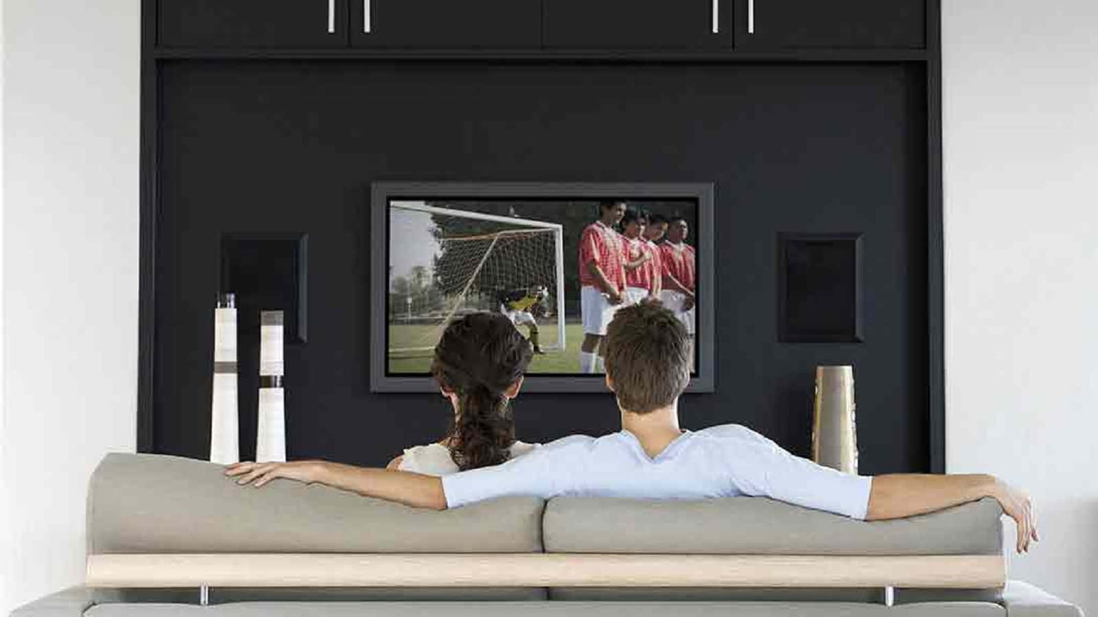home entertainment, modern sofa, large TV, HD Desktop Wallpaper