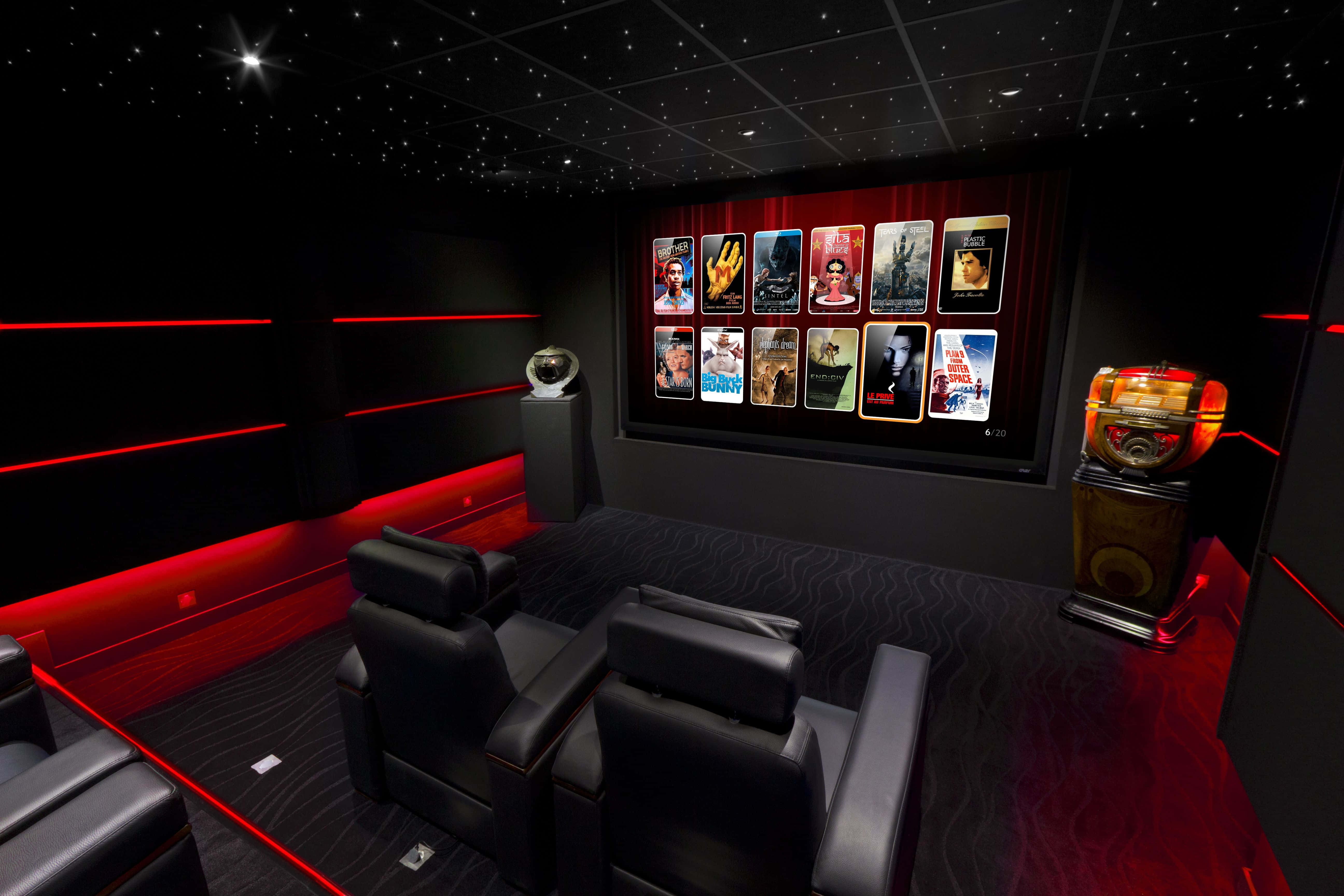 black leather recliners, red accent lighting, starry ceiling, 5K Desktop Wallpaper