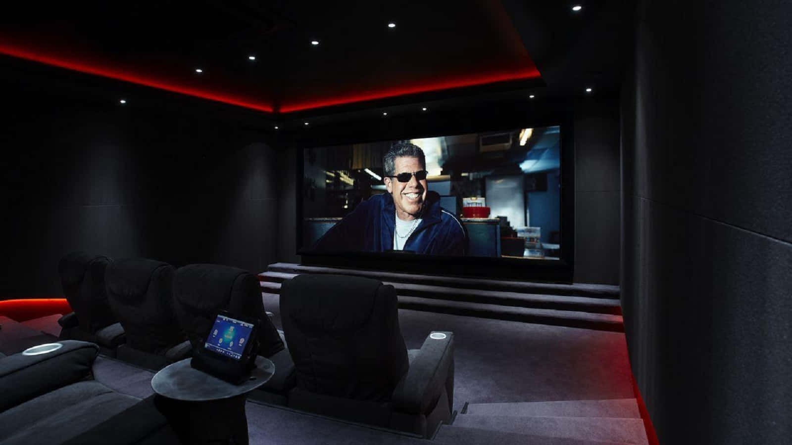 Home Cinema, black recliners, red accent lighting, HD Desktop Wallpaper