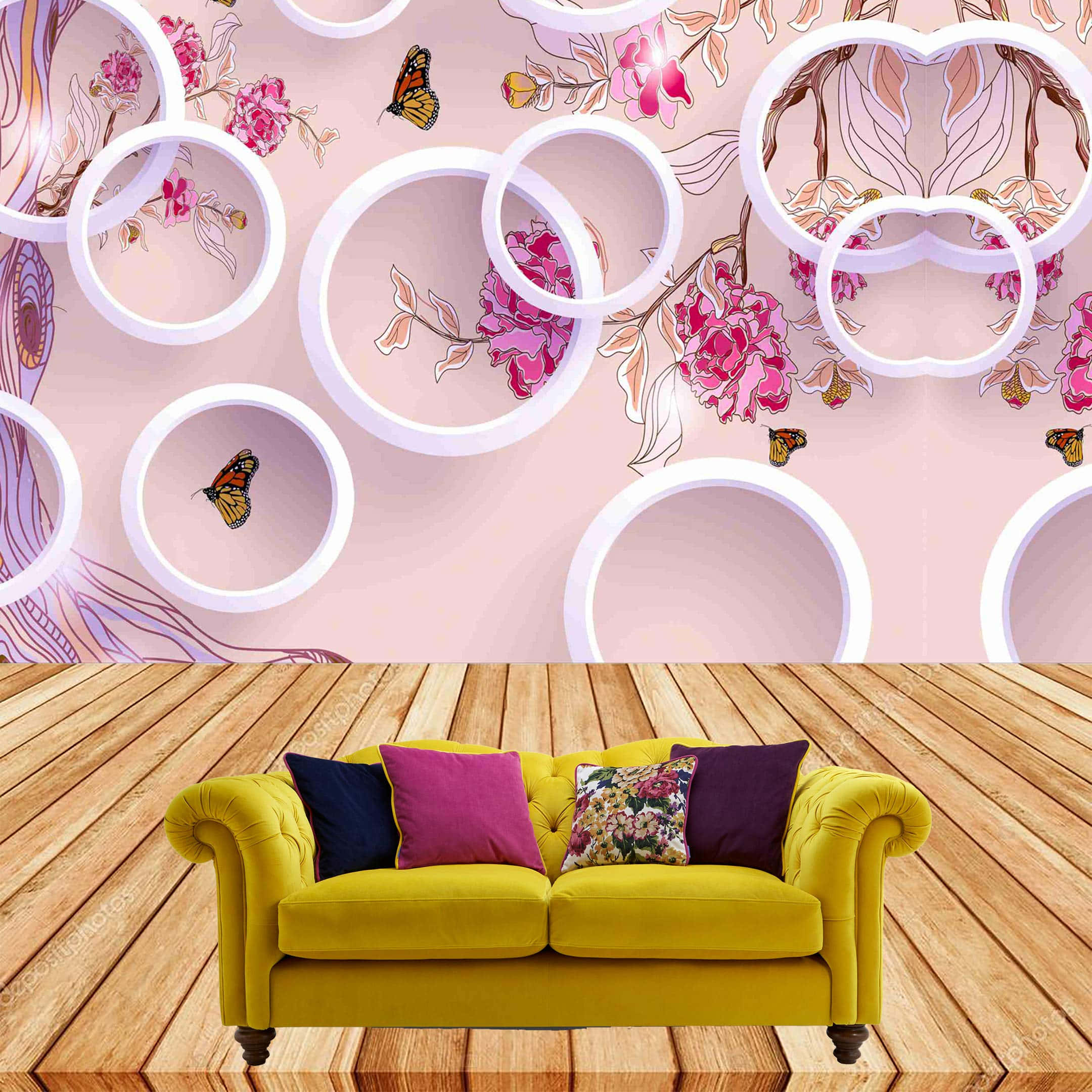 vibrant yellow sofa, colorful pillows, wooden floor, Full HD Desktop Wallpaper