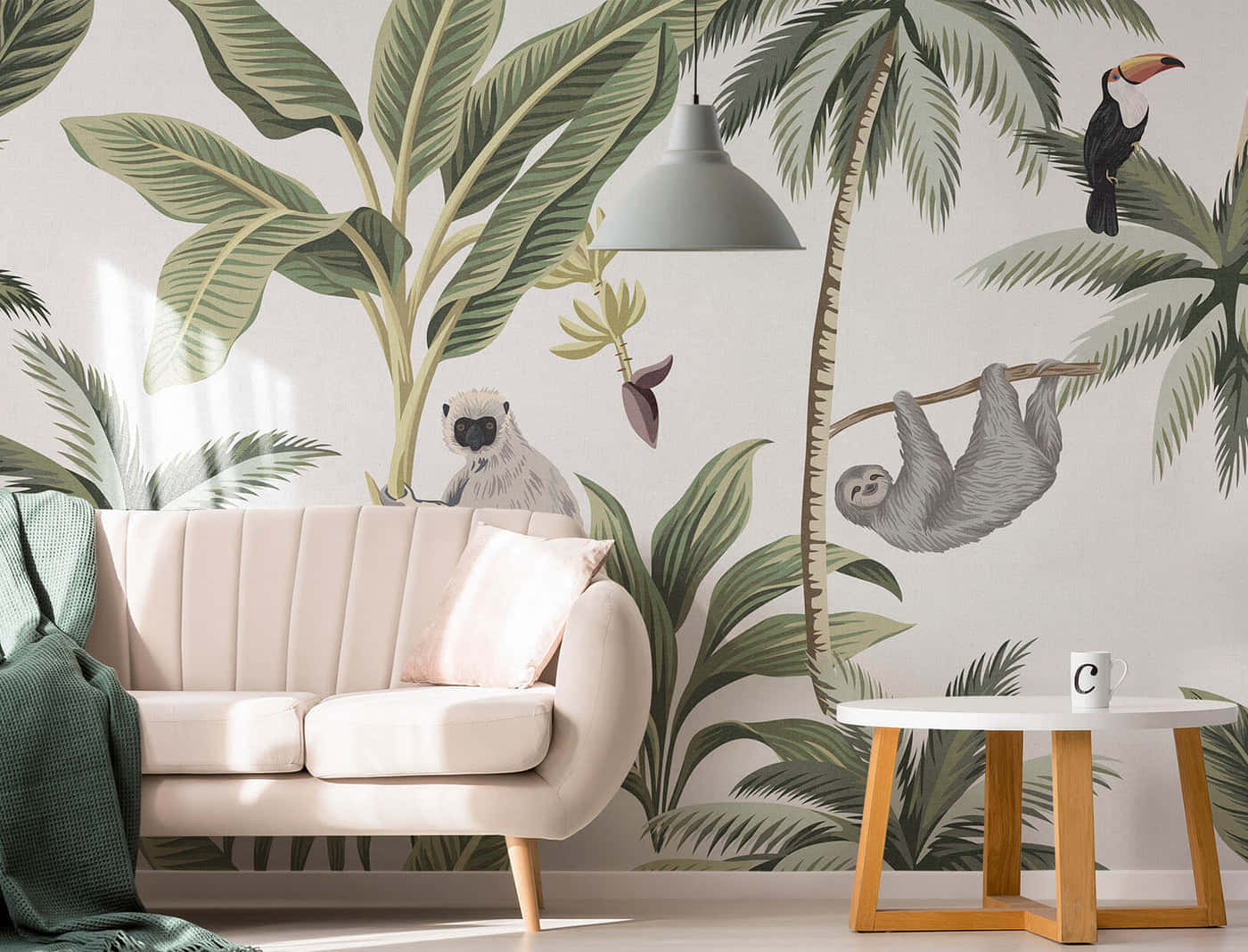 cream sofa, vibrant jungle wallpaper, sloths, HD Desktop Wallpaper