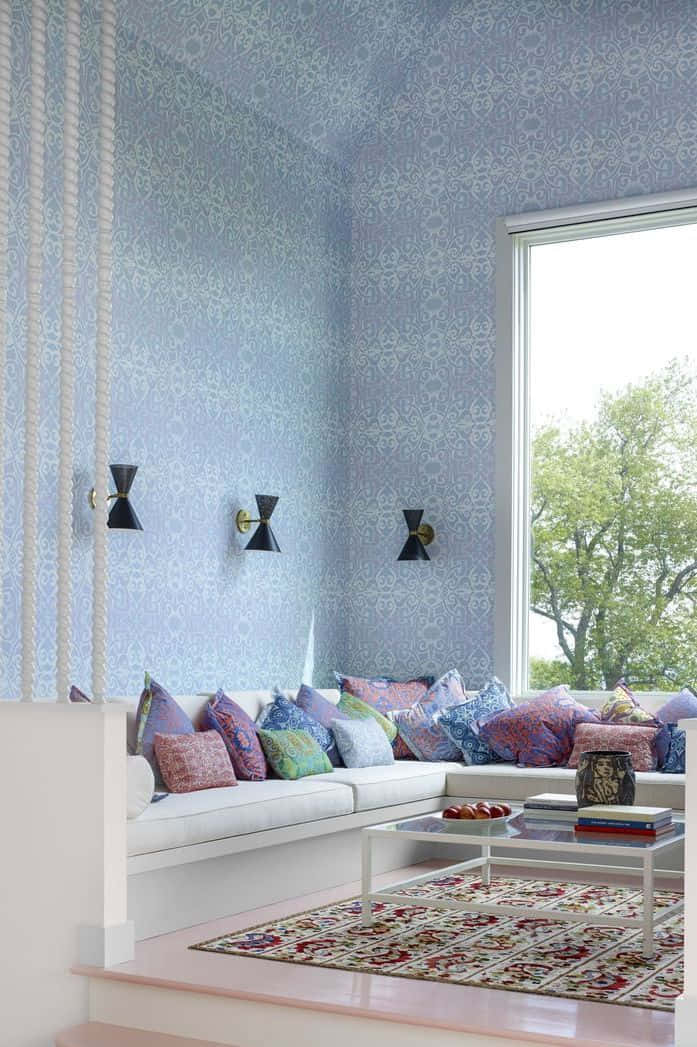 light blue patterned wallpaper, white sofa, colorful pillows, SD Phone Wallpaper
