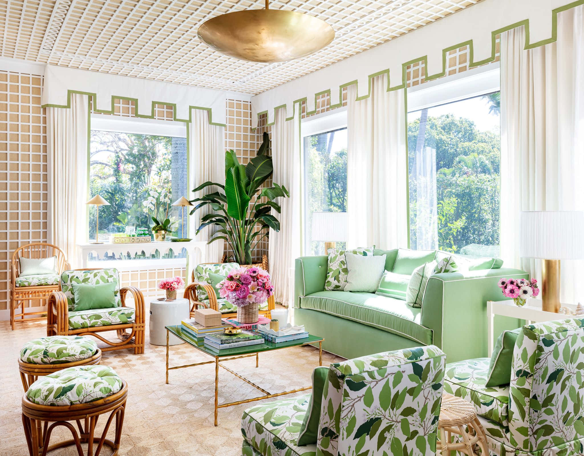 lime green sofas, leaf patterned furniture, white coffered ceiling, Full HD Desktop Wallpaper