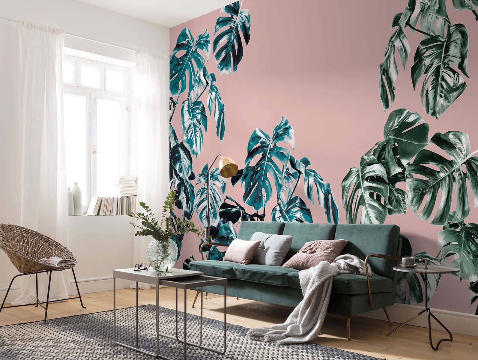 teal sofa, pink wall, large tropical monstera leaf wallpaper, HD Desktop Wallpaper