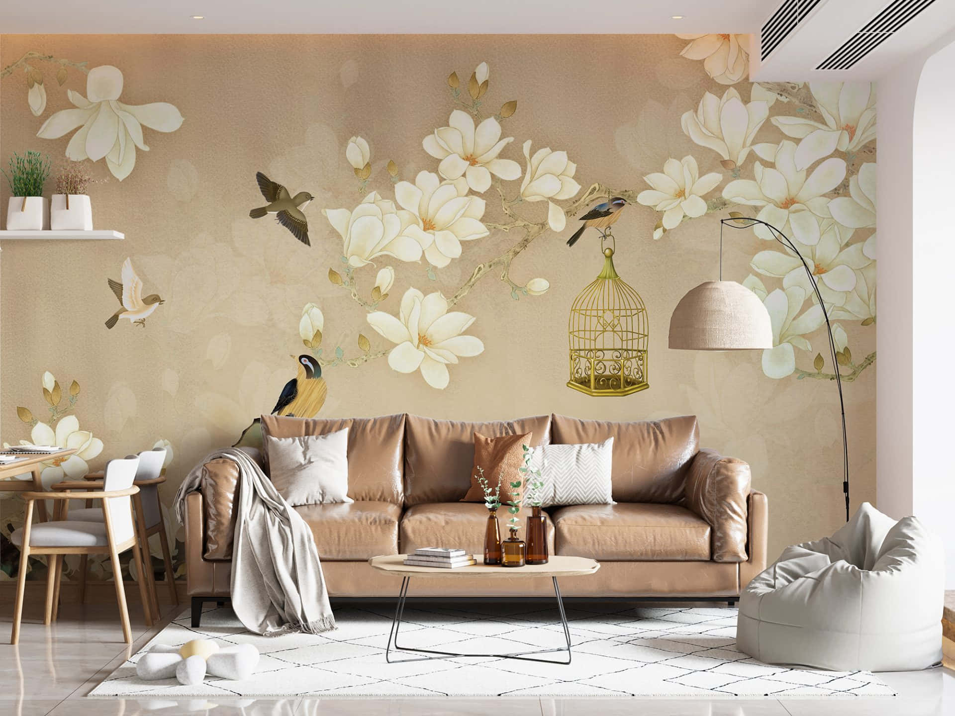 beige wall mural, white magnolia blossoms, golden birdcage, Full HD Desktop Wallpaper