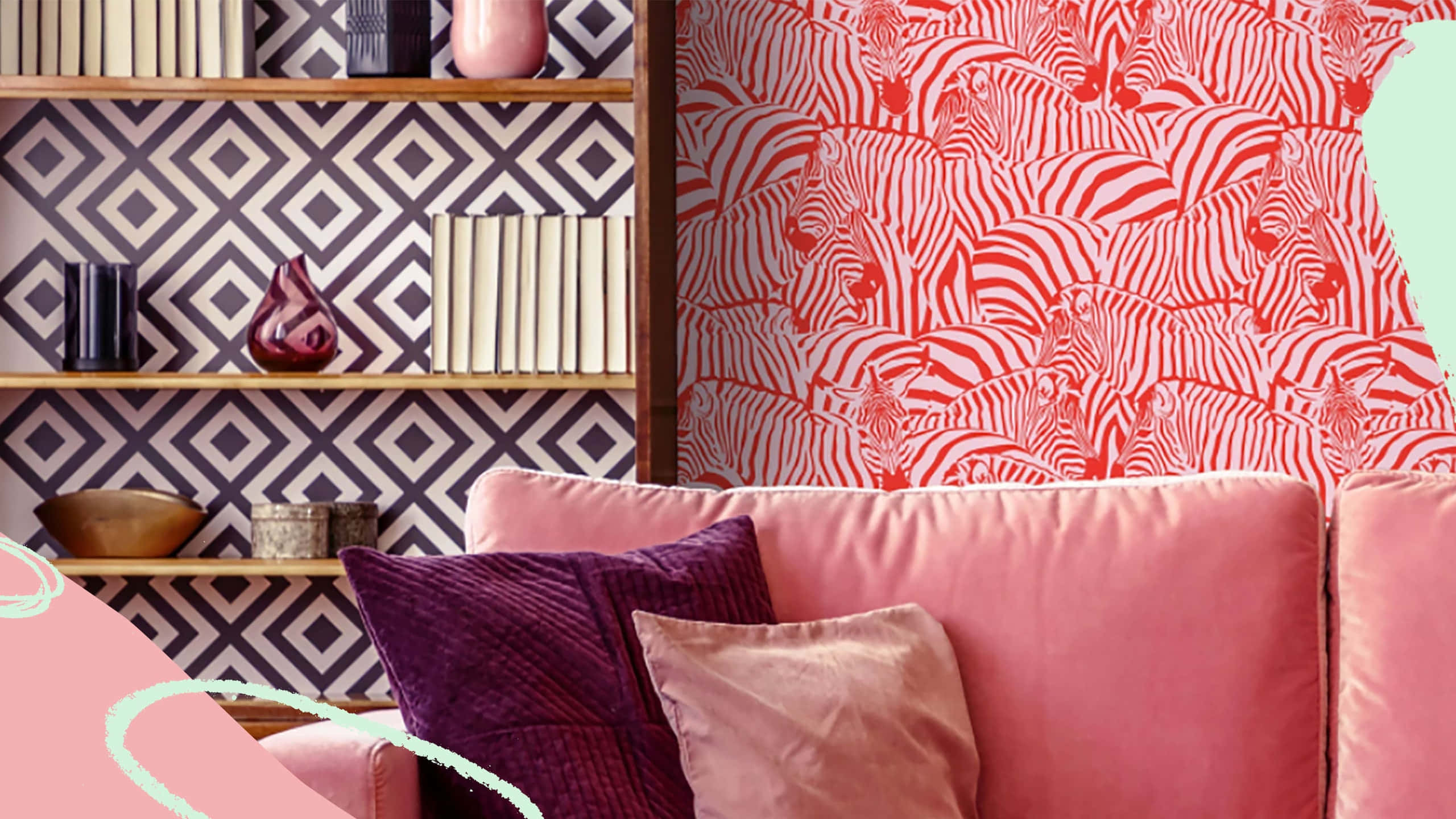 vibrant pink velvet sofa, purple pillows, bold red zebra-patterned wallpaper, 2K Desktop Wallpaper