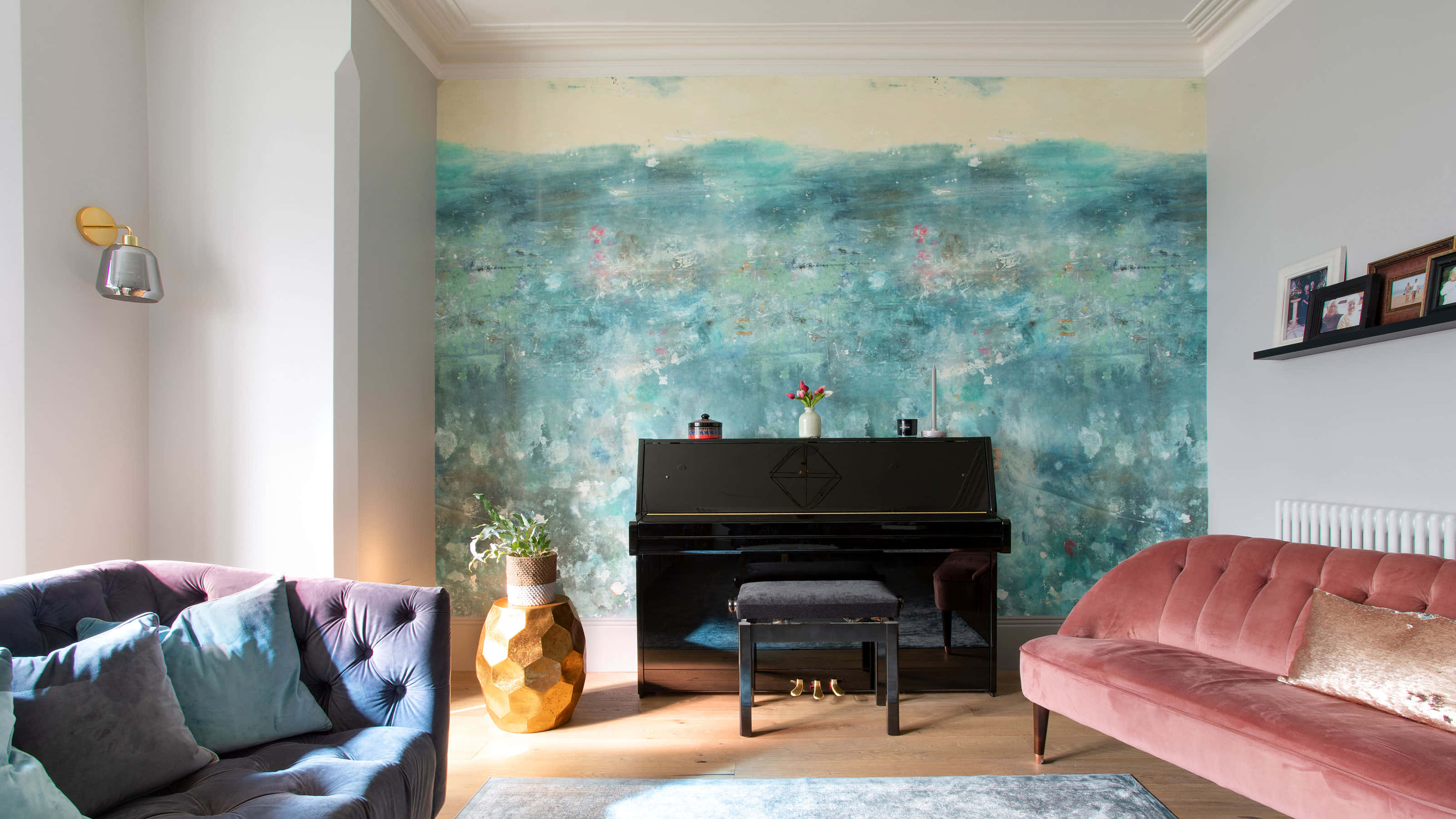 black piano, vibrant teal abstract mural wall, purple tufted sofa, 2K Desktop Wallpaper