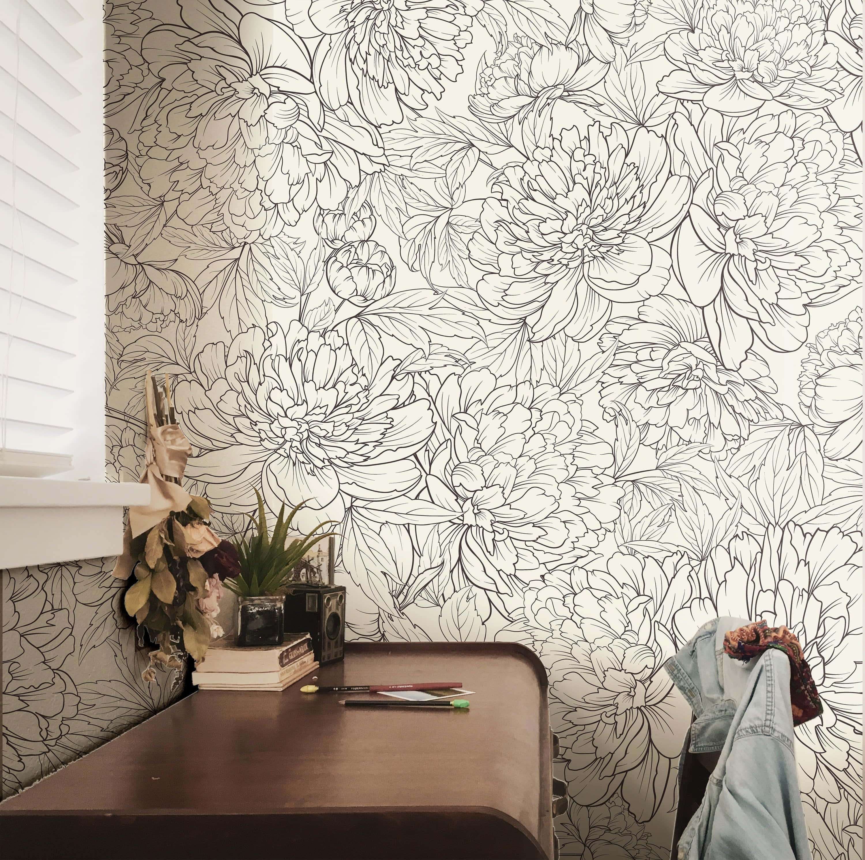 wooden desk, black line art peony wallpaper, cozy corner, 2K Desktop Wallpaper