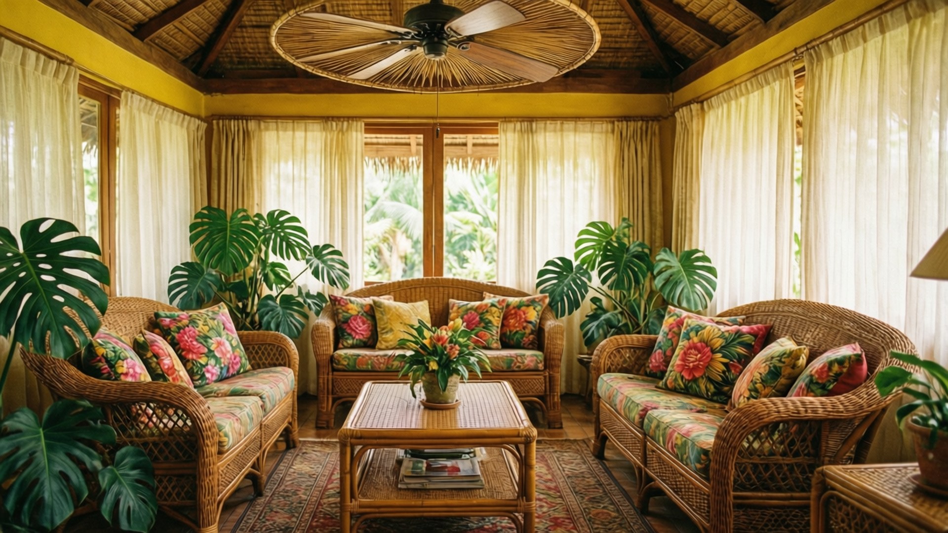 tropical oasis, lush tropical living room, rattan, Full HD Desktop Wallpaper