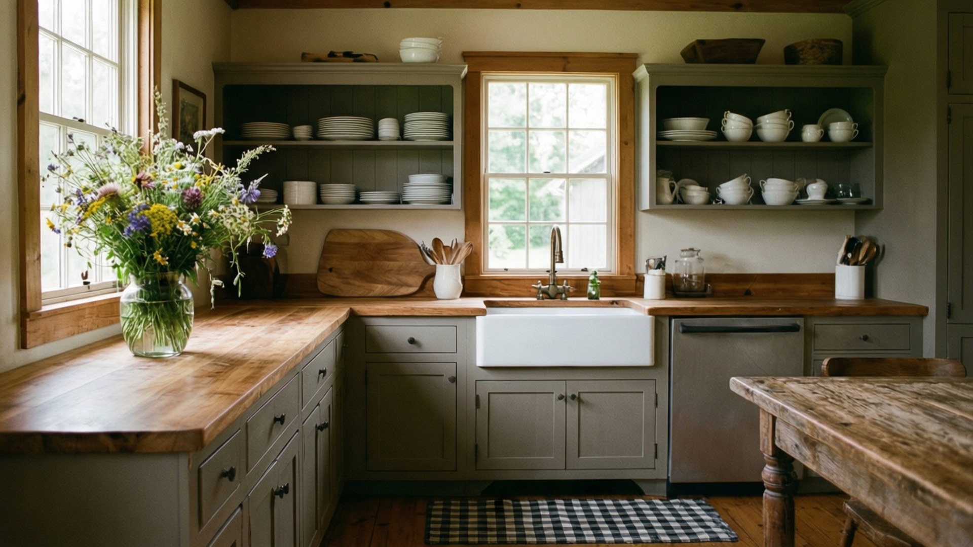 farmhouse sink, wooden countertops, gray cabinets, Full HD Desktop Wallpaper