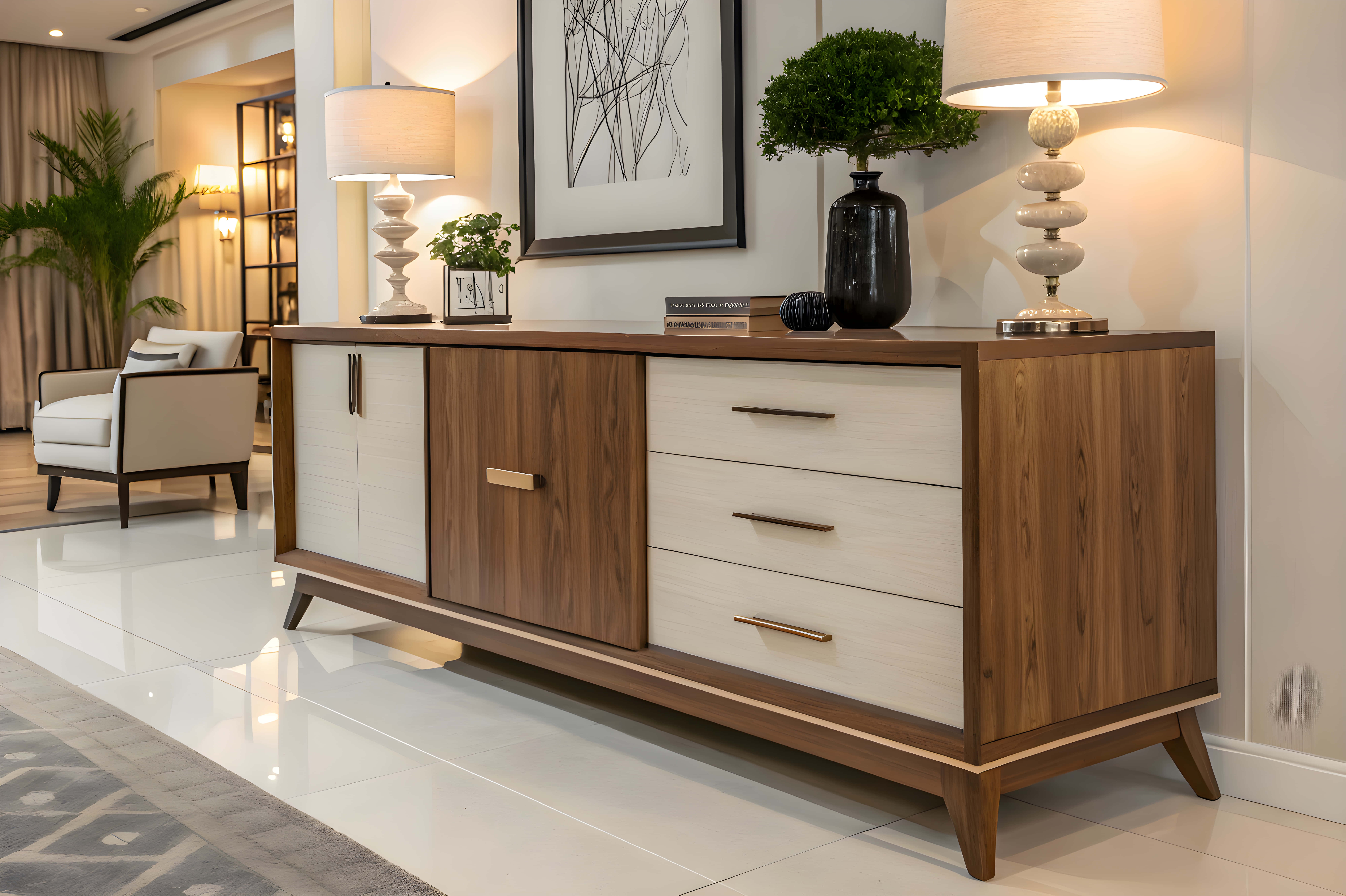 modern wooden sideboard, white drawers, dark wood accents, 8K Desktop Wallpaper