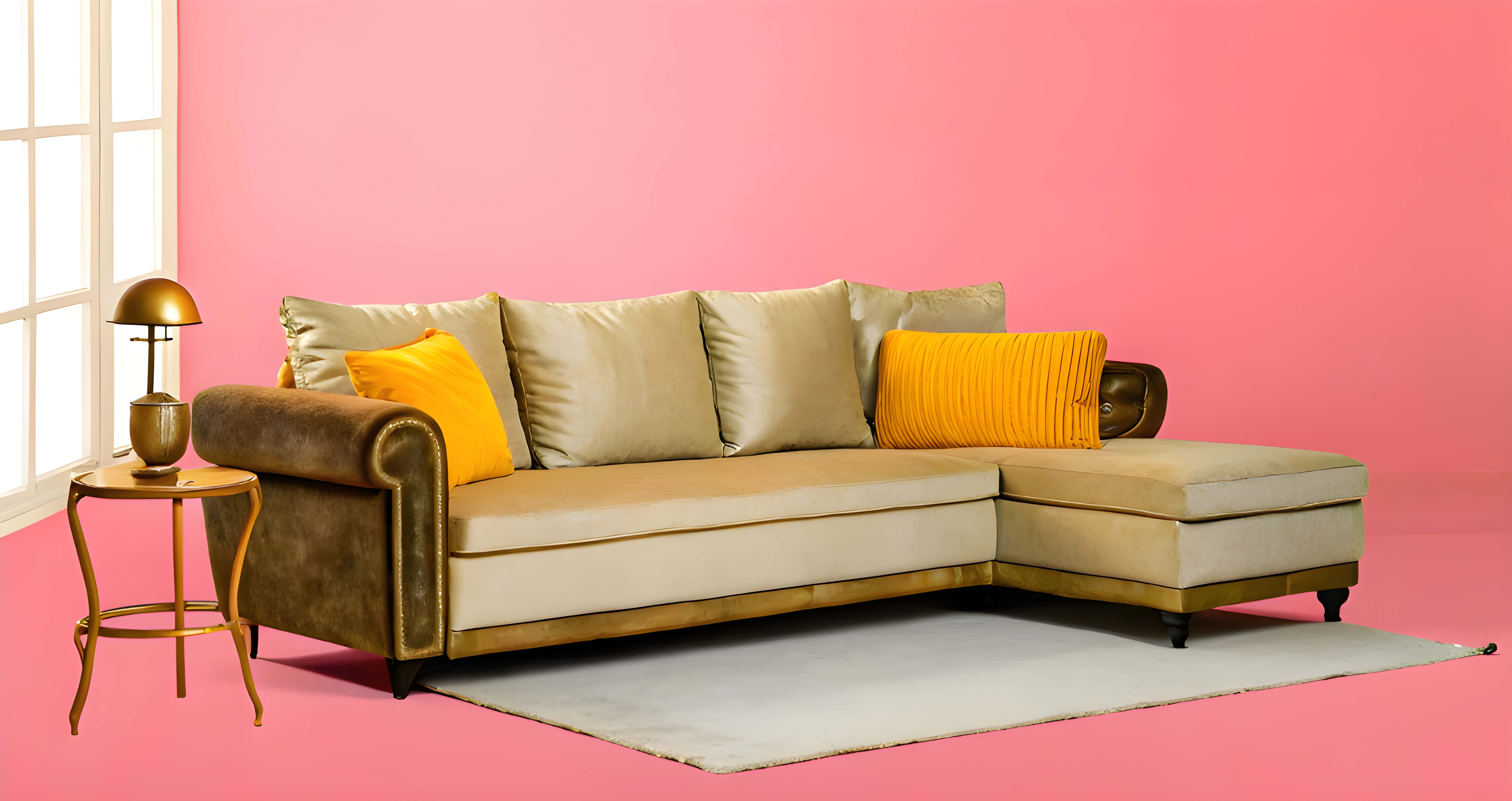 beige sectional sofa, mustard yellow pillows, white rug, 8K Desktop Wallpaper