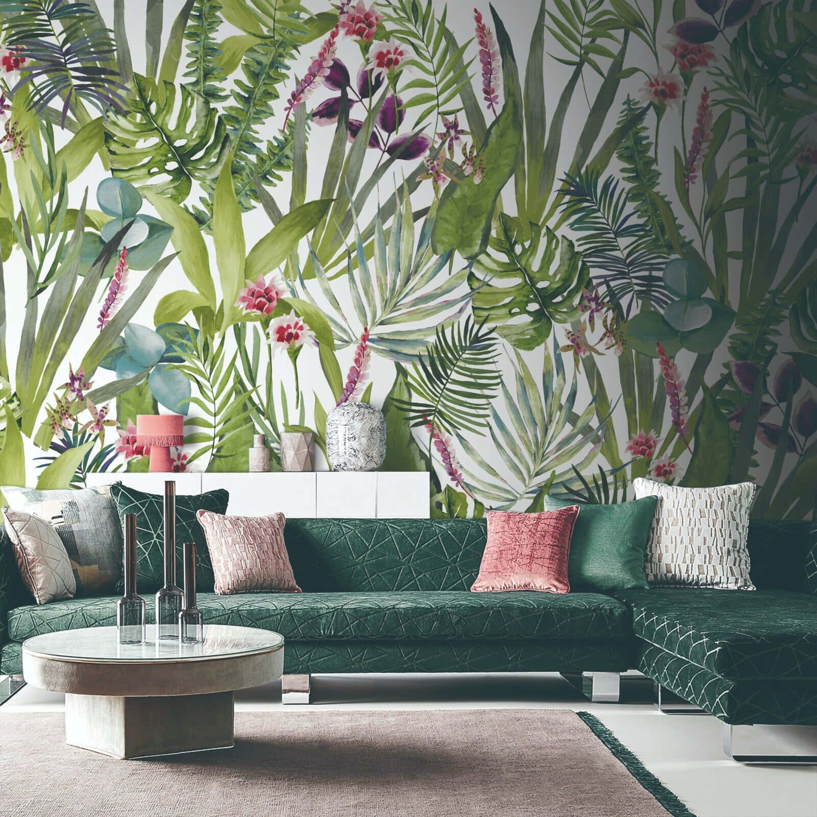 green velvet sofa, patterned cushions, lush tropical wallpaper, HD Desktop Wallpaper
