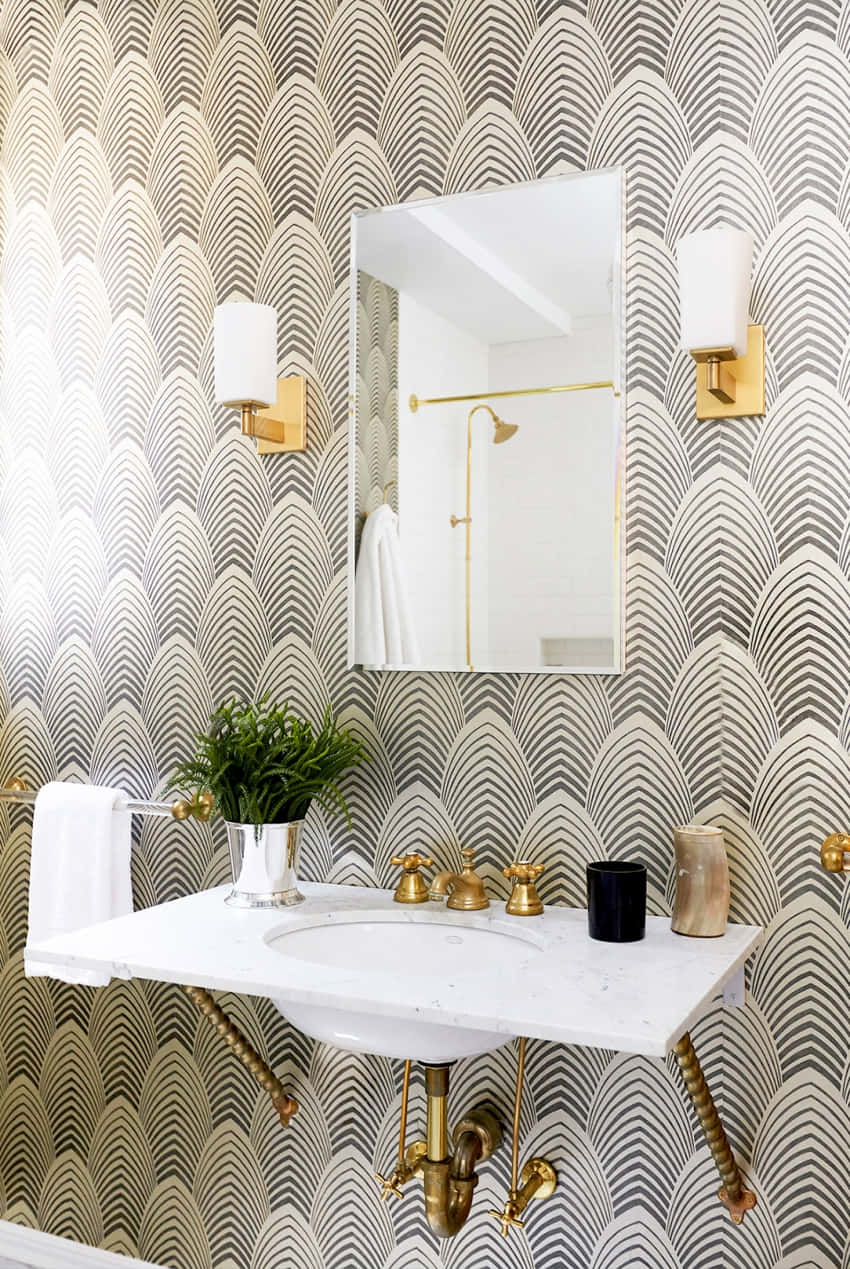 white floating sink, gold fixtures, bold gray and beige wave-patterned wallpaper, SD Phone Wallpaper