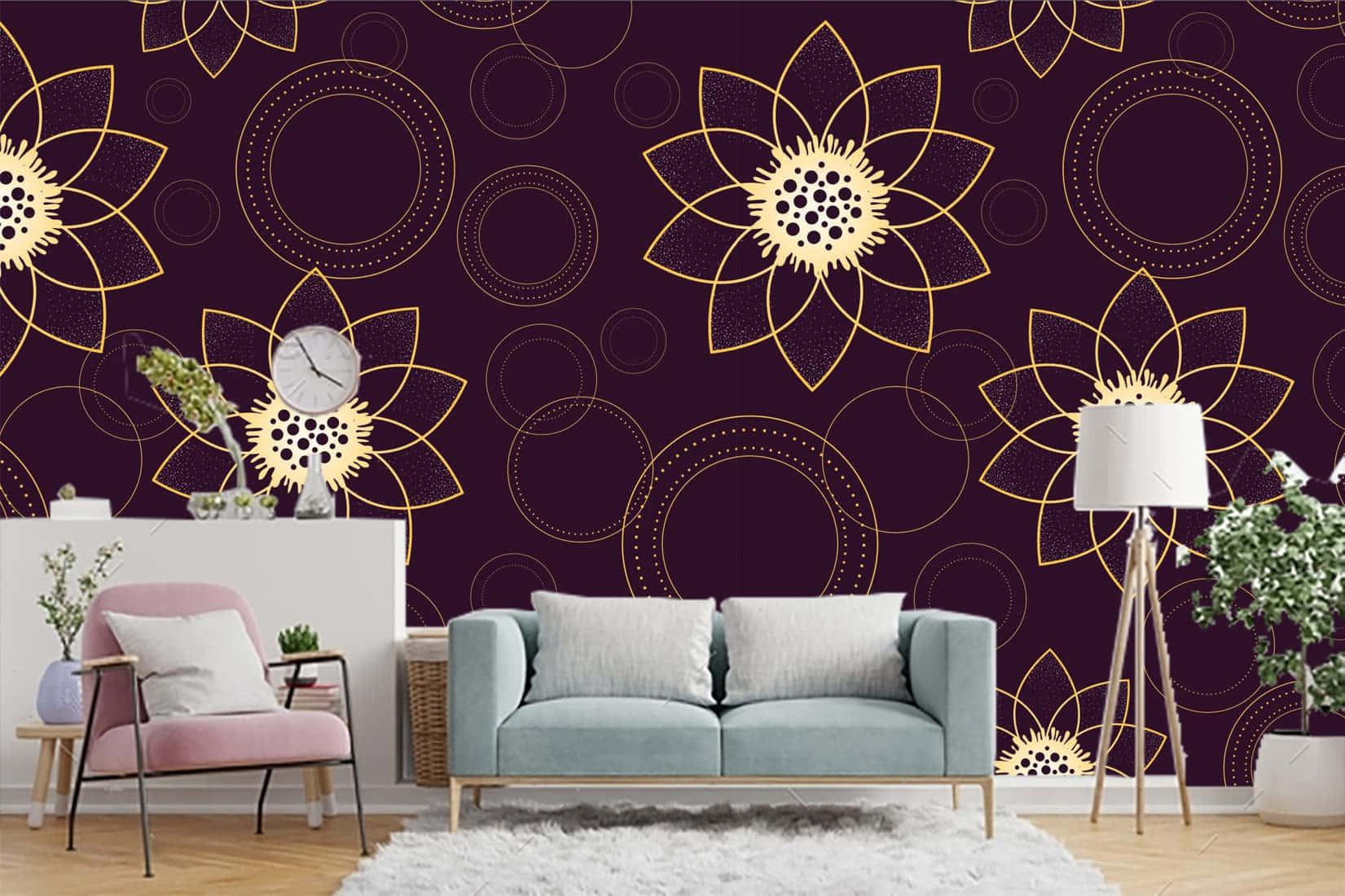 purple wall, gold floral patterns, circular patterns, HD Desktop Wallpaper