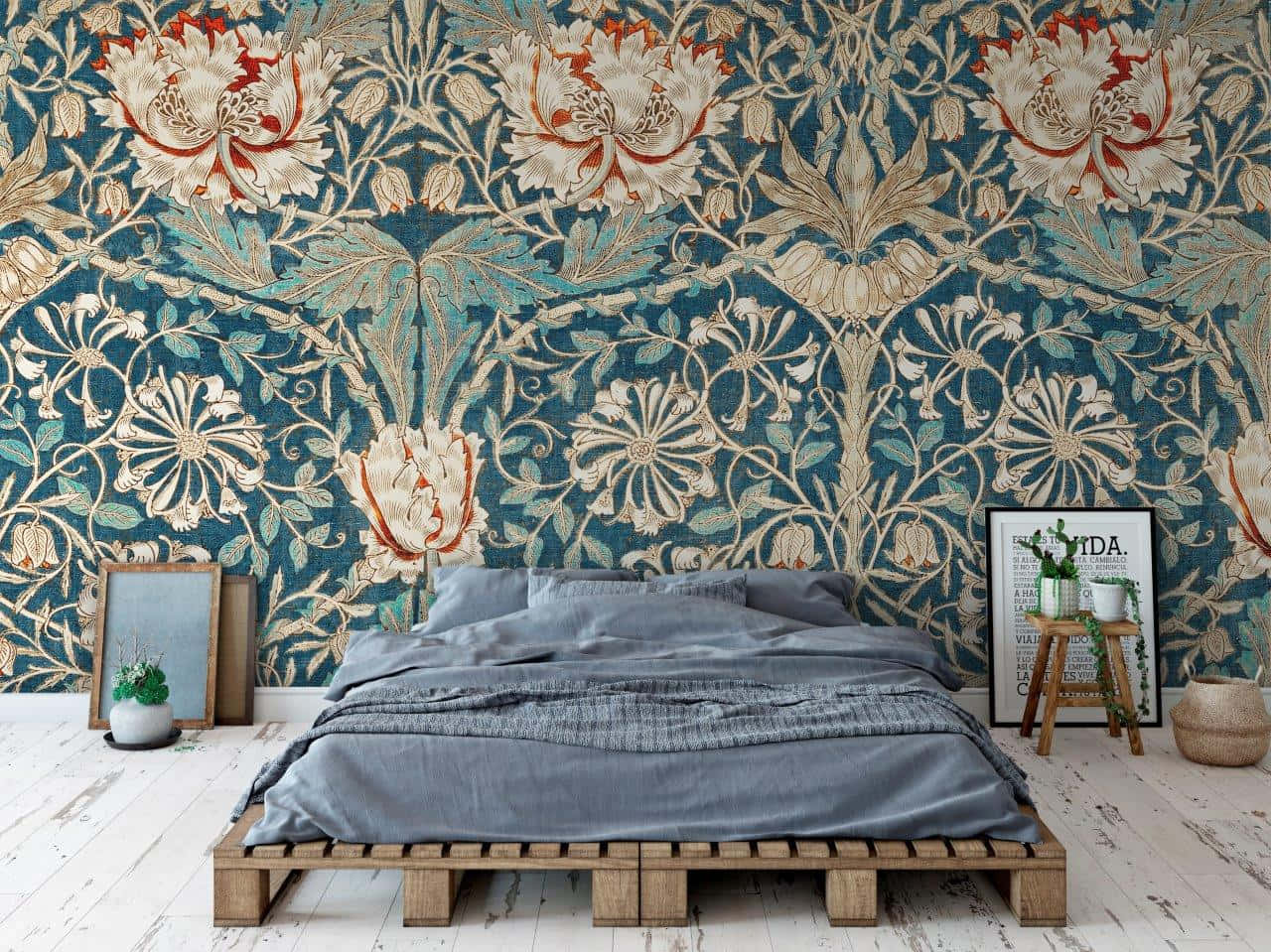 wooden pallet, ornate blue floral wallpaper, gold and cream accents, HD Desktop Wallpaper