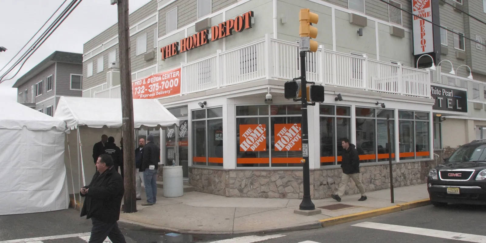 Home Depot, gray Home Depot store, white railings, HD Desktop Wallpaper