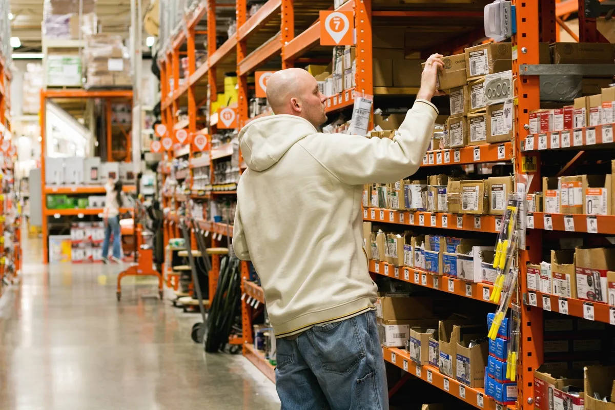 Home Depot, beige hoodie, orange warehouse shelf, SD Desktop Wallpaper