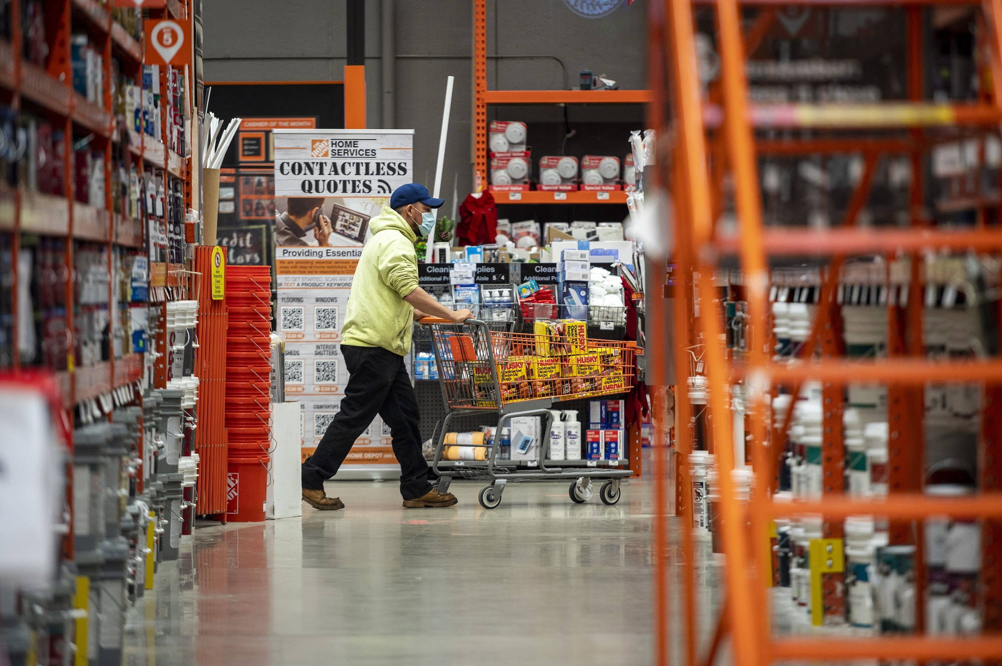 Home Depot, yellow vest, loaded cart, Full HD Desktop Wallpaper