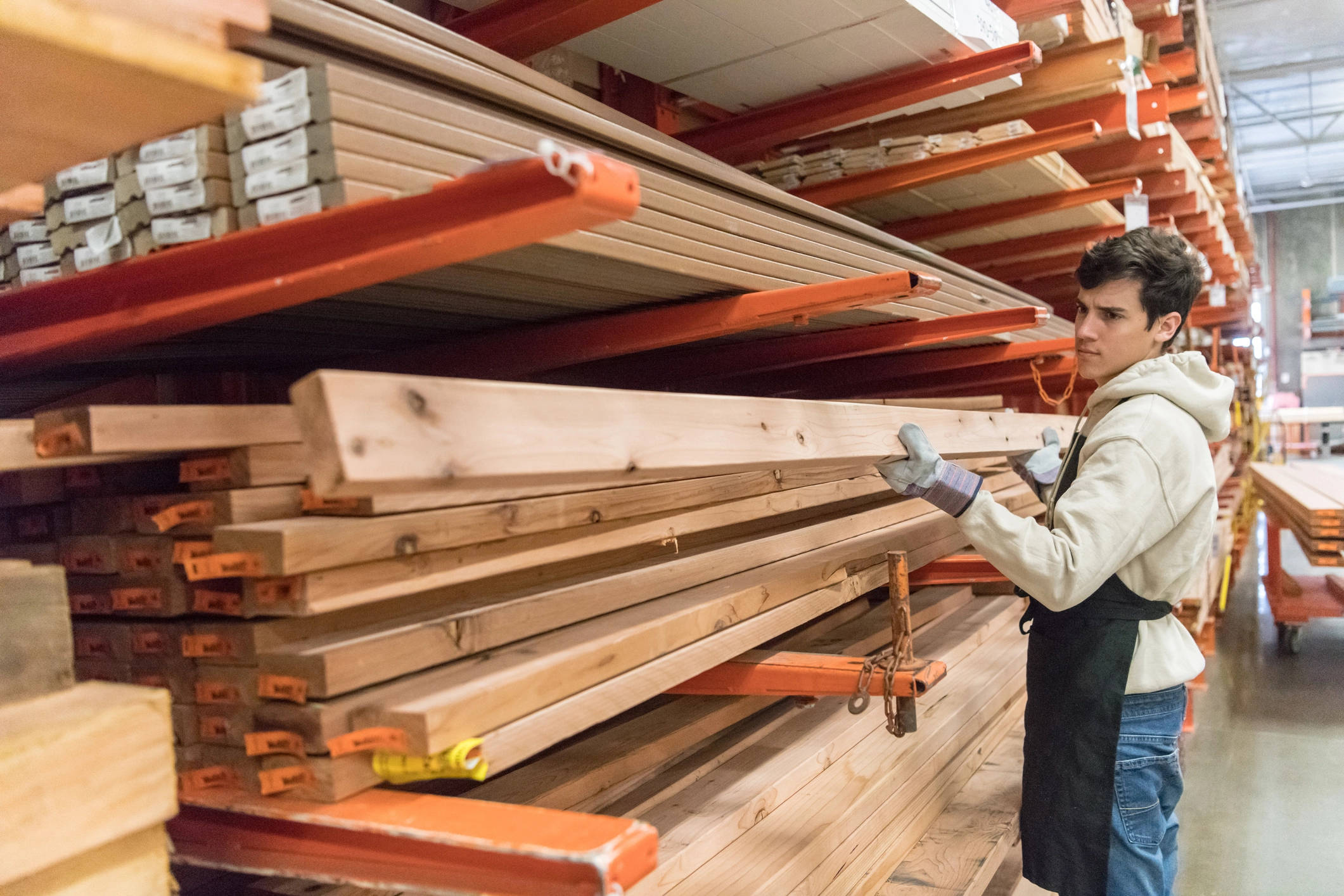 Home Depot, wood section, orange shelves, Full HD Desktop Wallpaper