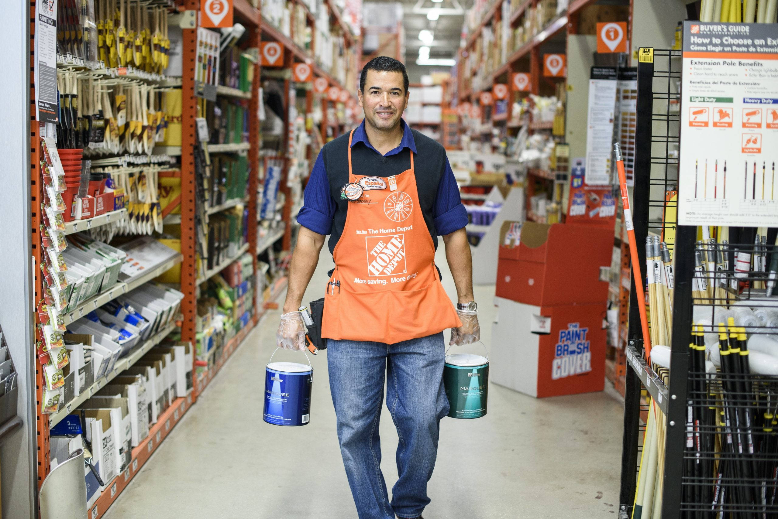 Home Depot, orange apron, paint cans, 2K Desktop Wallpaper