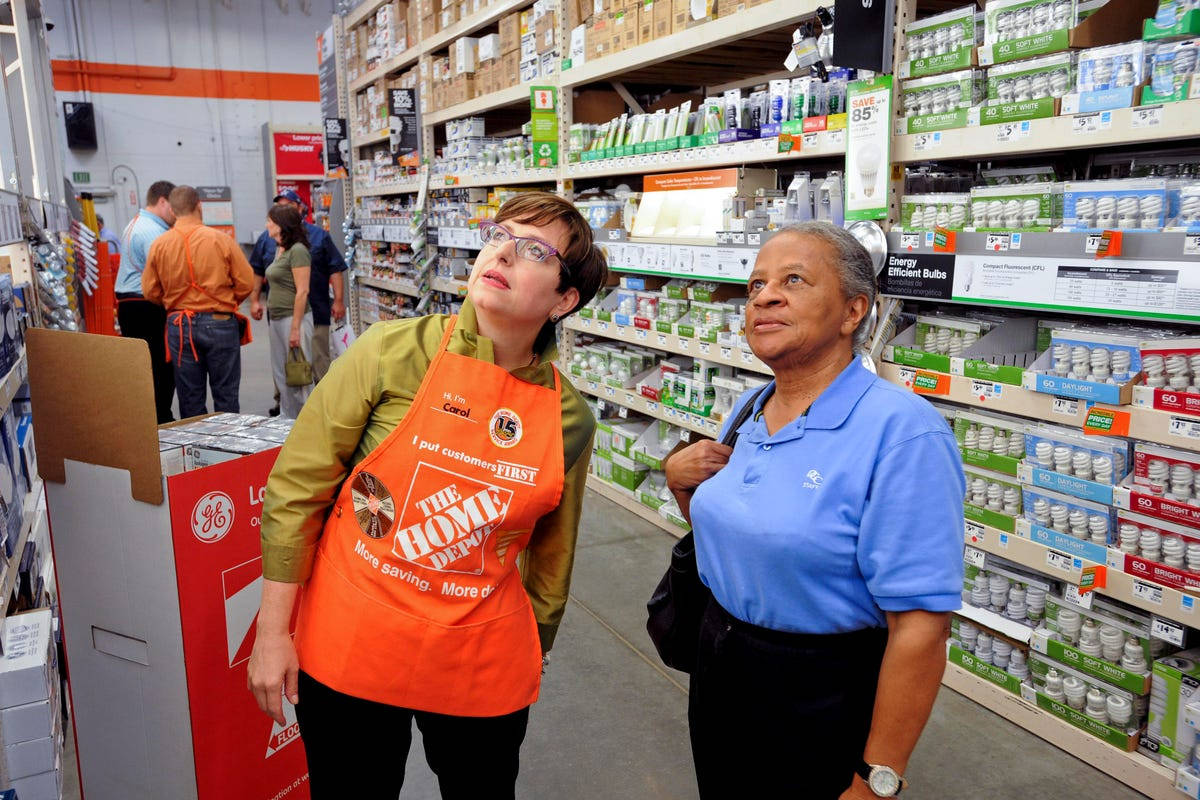 Home Depot, energy efficient light bulbs, well lit Home Depot aisle, SD Desktop Wallpaper