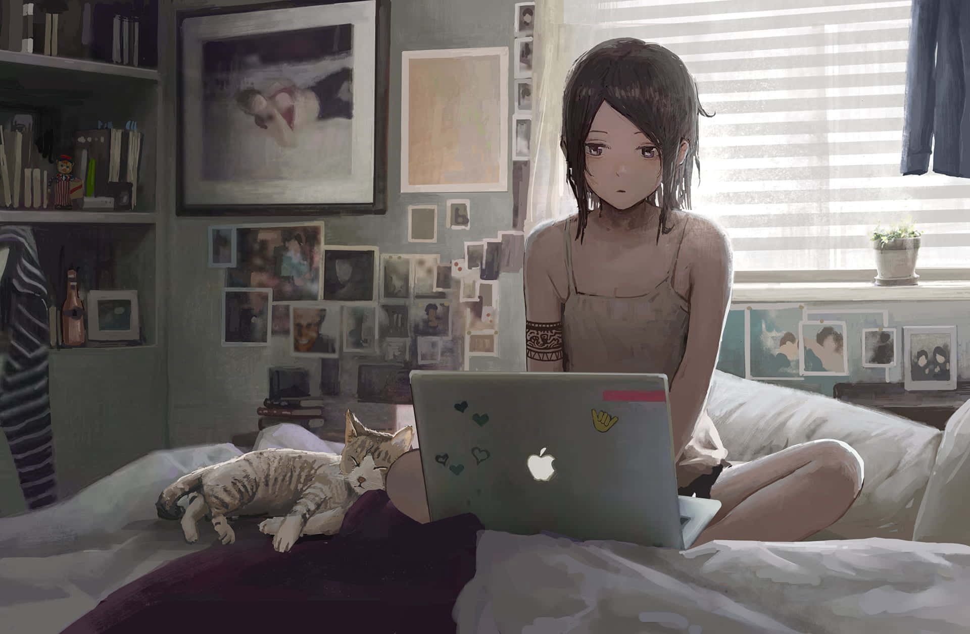 home entertainment, anime girl, cat, Full HD Desktop Wallpaper