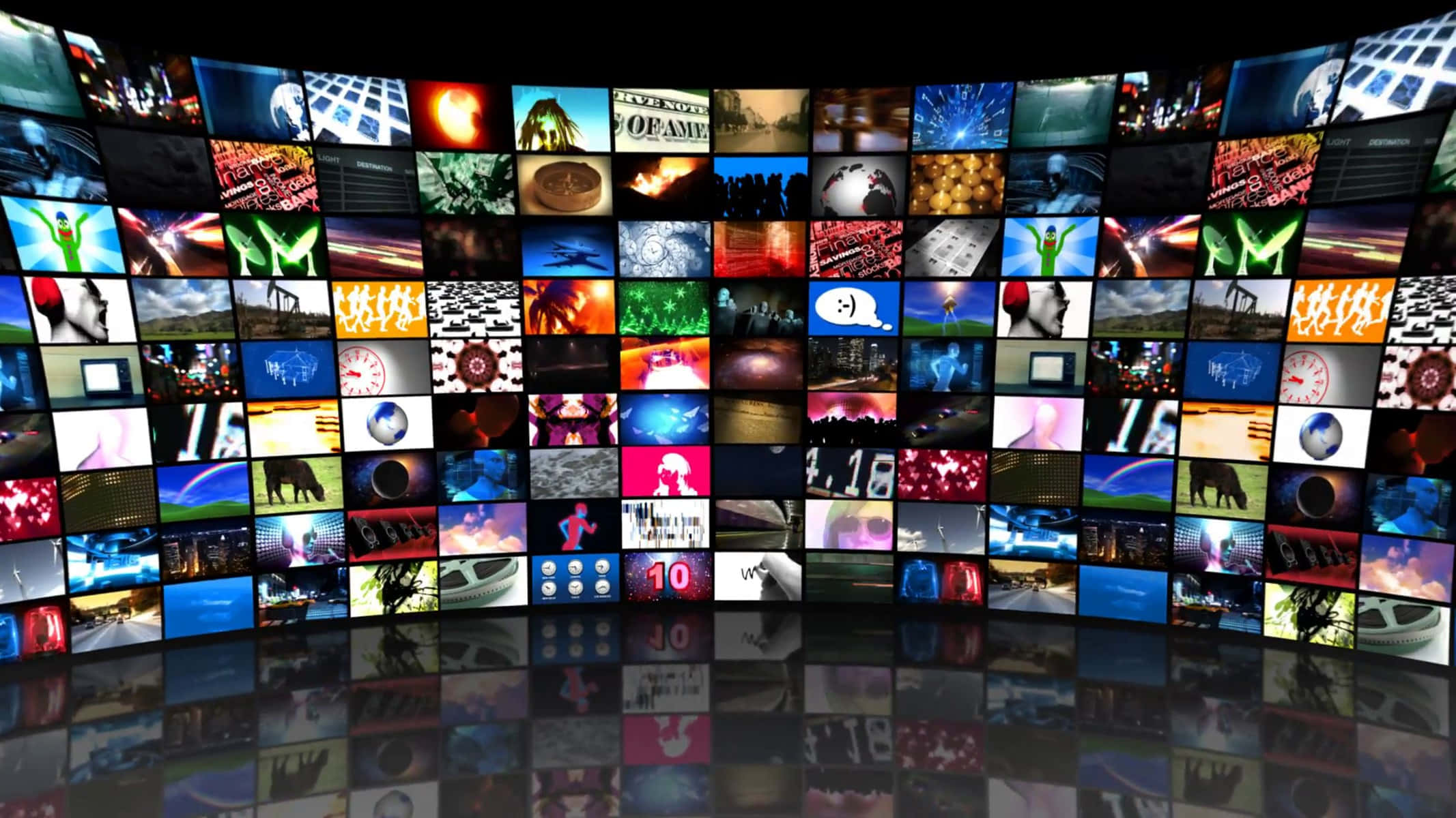 streaming, curved wall of glowing screens, polished floor, Full HD Desktop Wallpaper