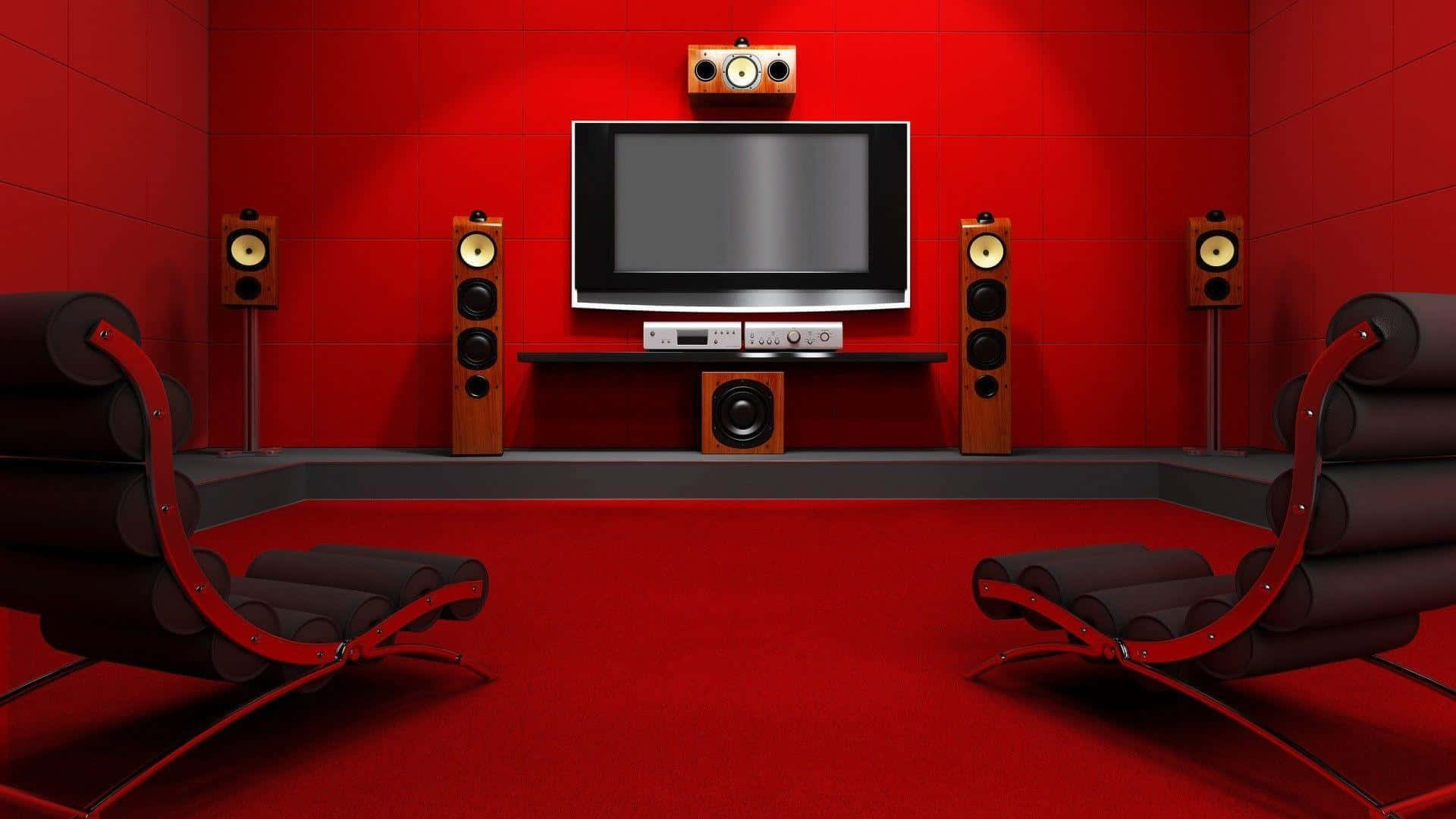 home theater room, bold red walls, carpet, Full HD Desktop Wallpaper