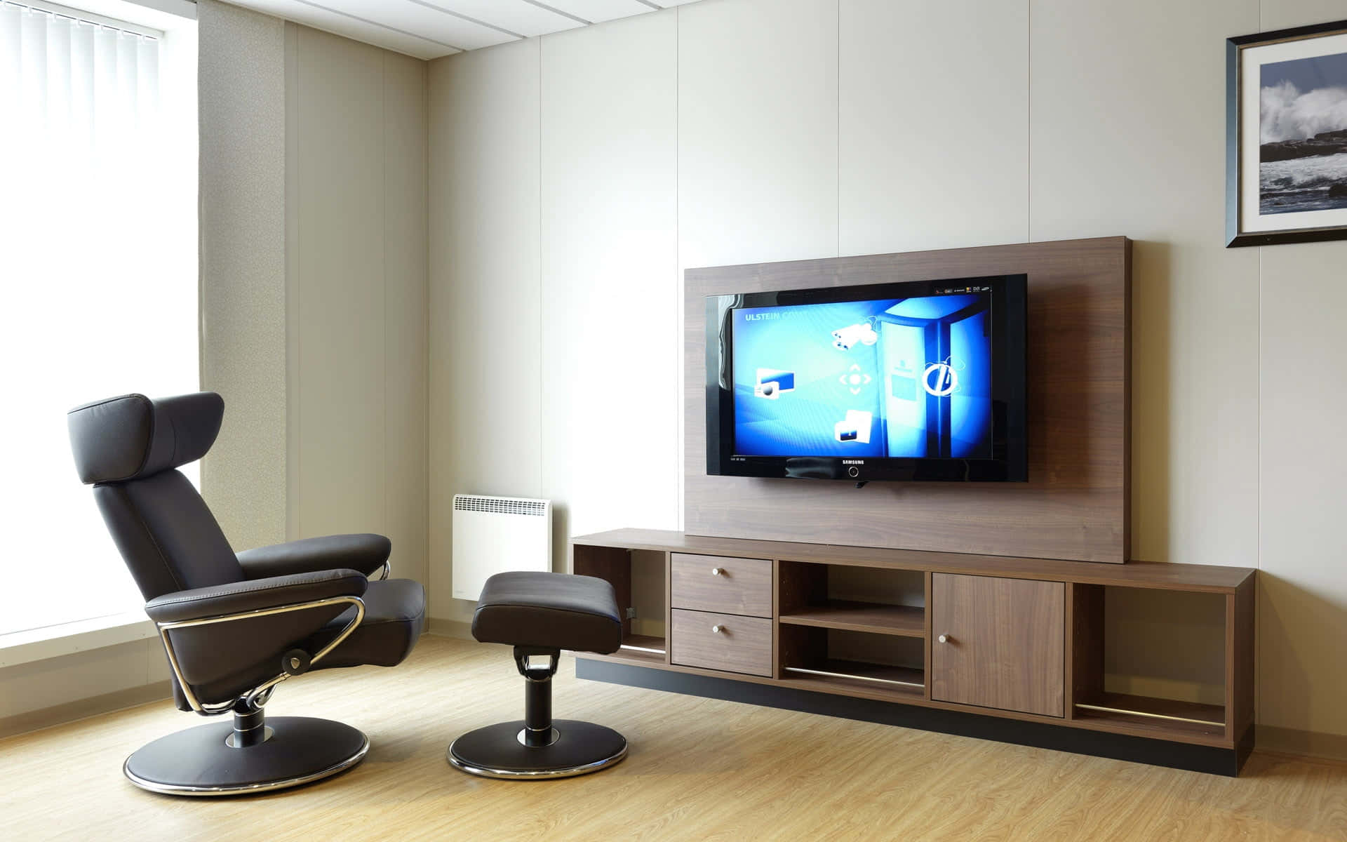 Home Entertainment, black leather recliner, wooden TV console, Full HD Desktop Wallpaper