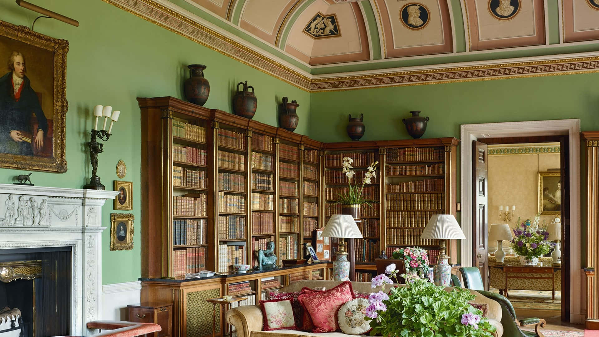 Home Library, green walls, wooden bookshelves, Full HD Desktop Wallpaper
