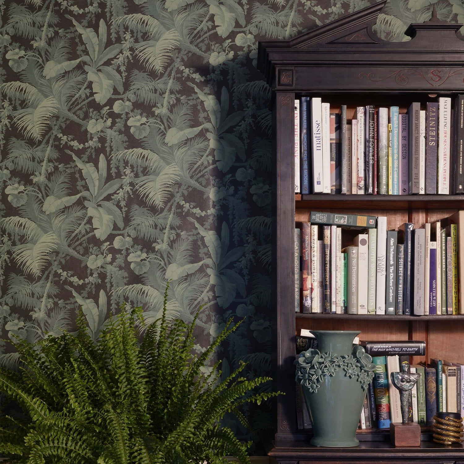 dark green tropical leaf wallpaper, wooden bookshelf, books, HD Desktop Wallpaper