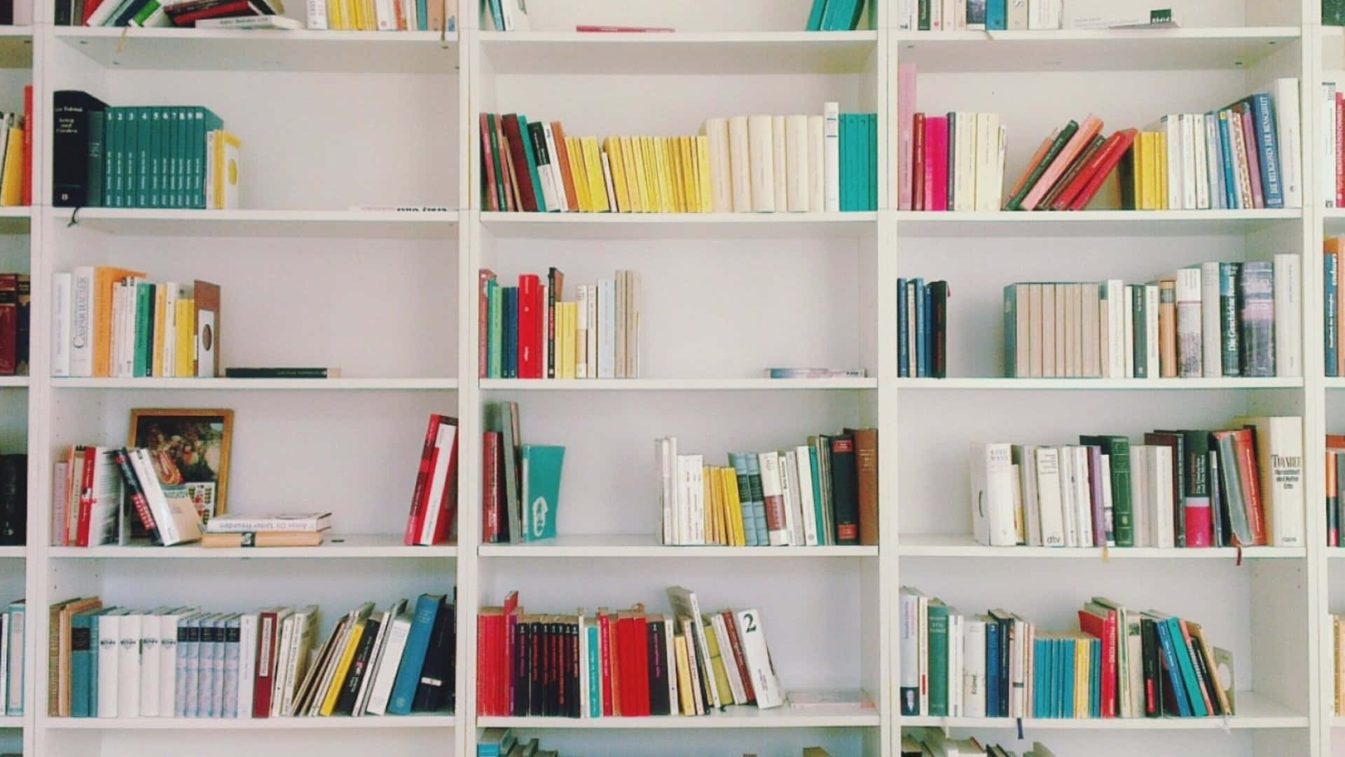 Home Library, white bookshelves, colorful books, Full HD Desktop Wallpaper