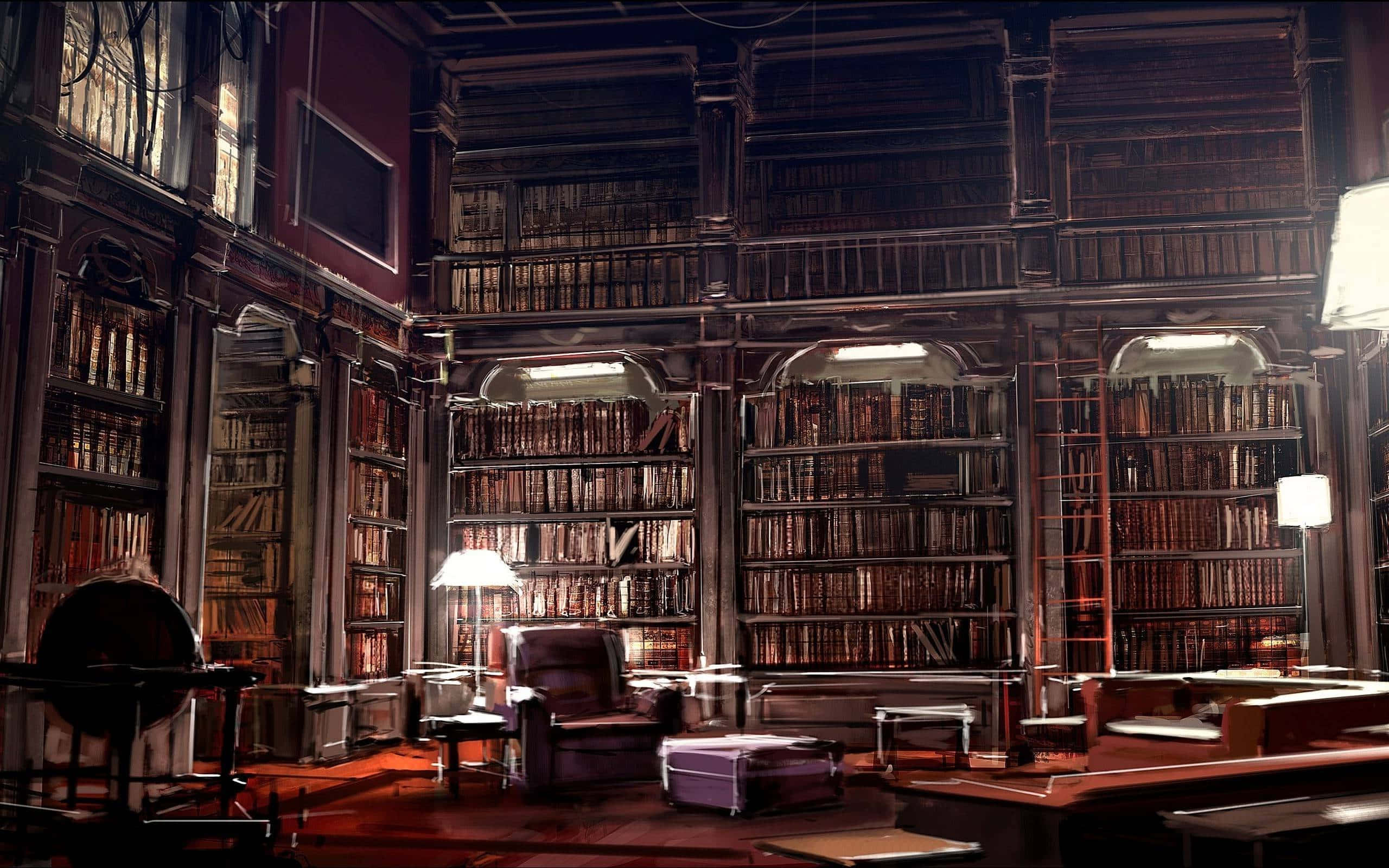 Home Library, wooden bookshelves, leather armchairs, 2K Desktop Wallpaper