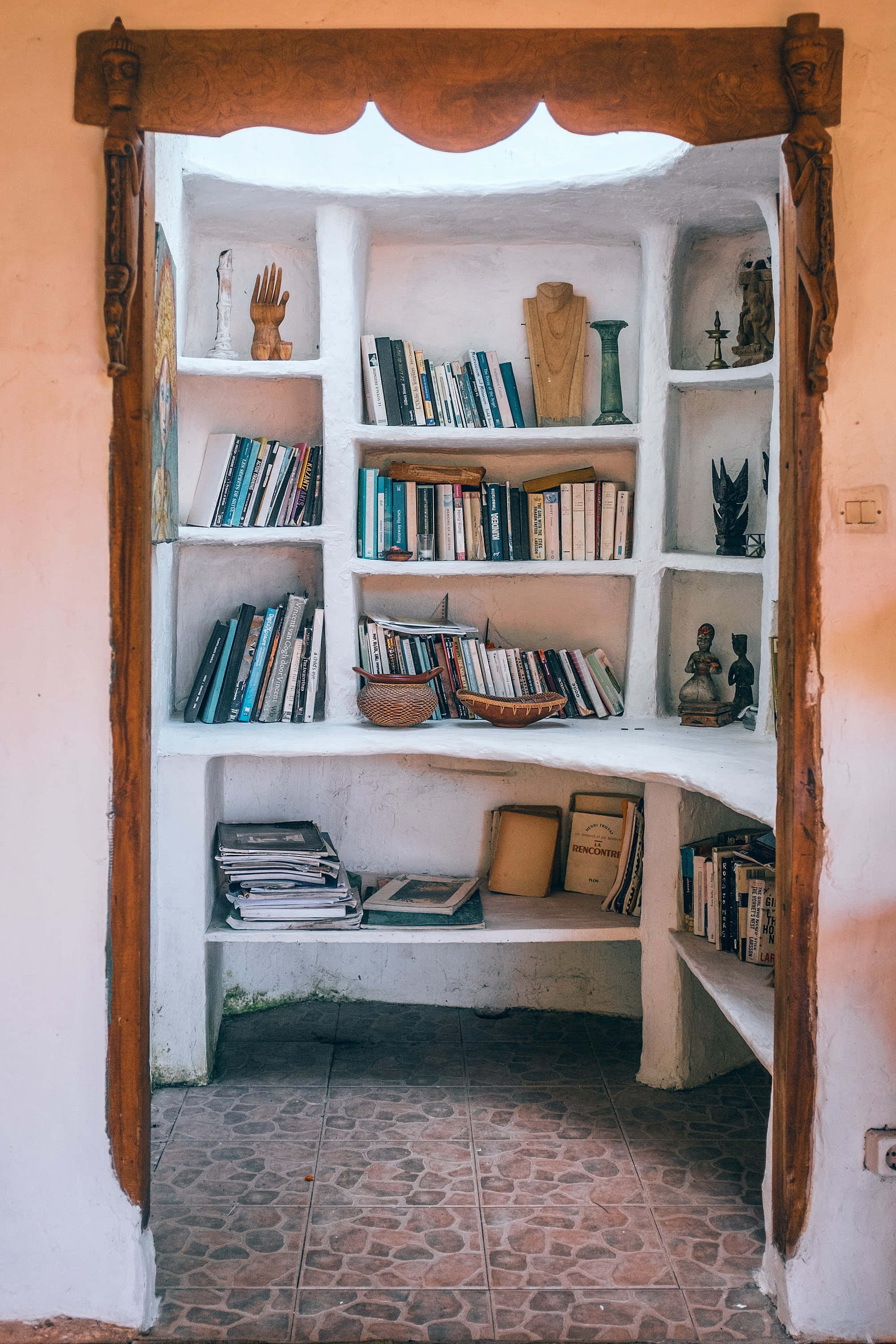 book shelf, books, white plaster shelves, 2K Phone Wallpaper
