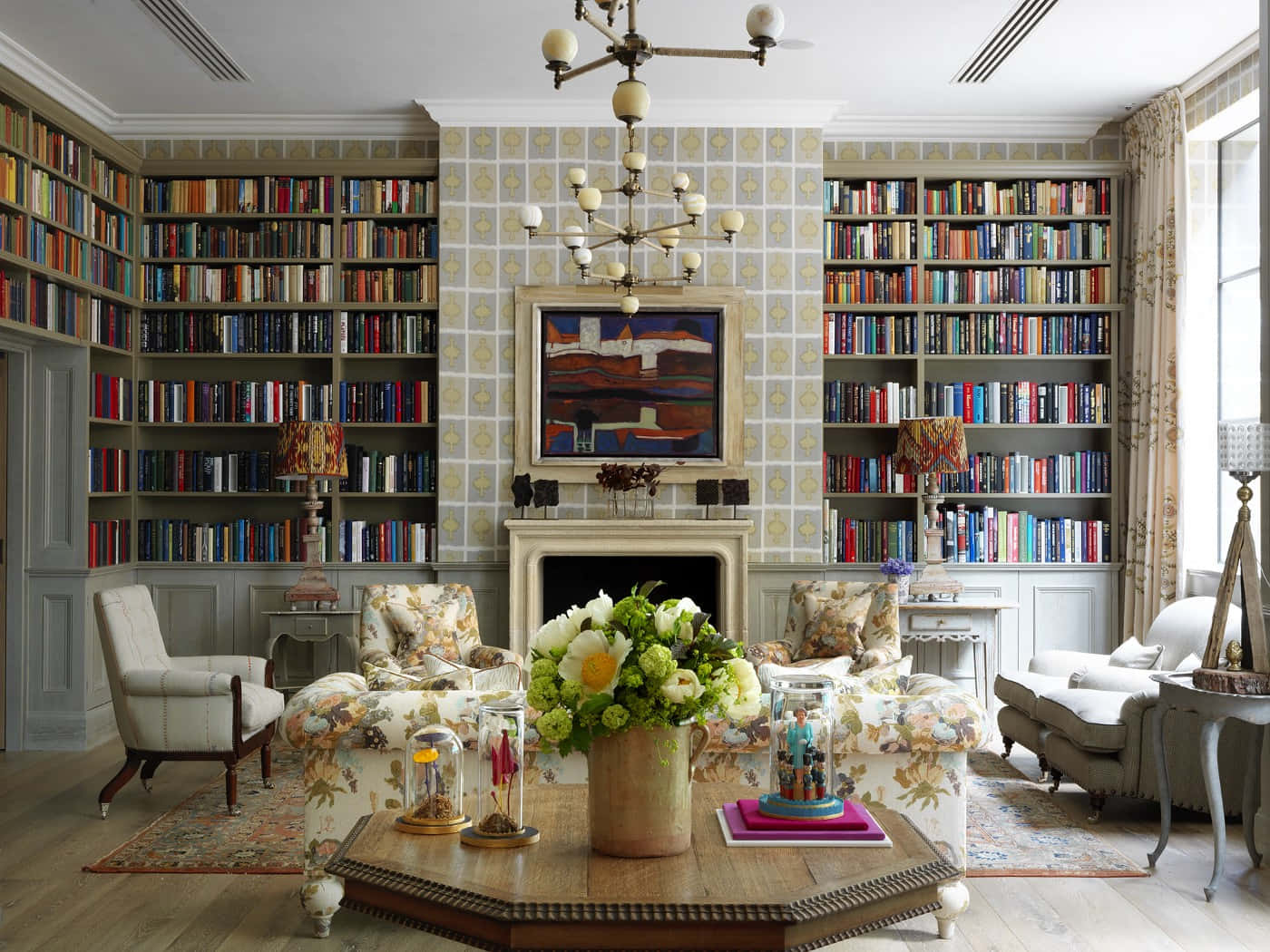 Home Library, fireplace, bookshelves, HD Desktop Wallpaper
