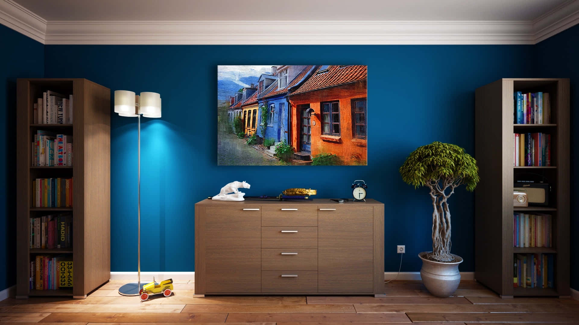 Home Library, blue walls, vibrant painting, Full HD Desktop Wallpaper