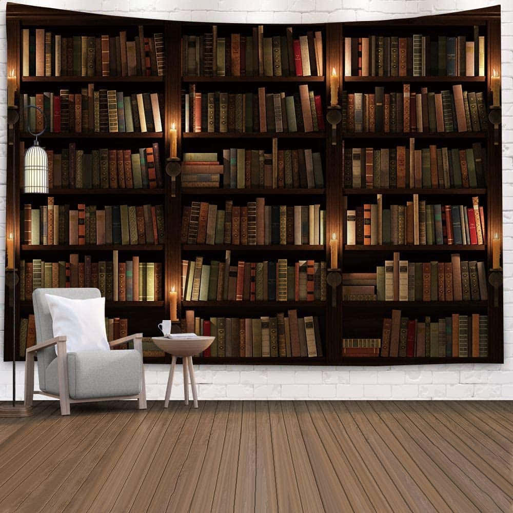 Home Library, gray armchair, wooden side table, SD Desktop Wallpaper
