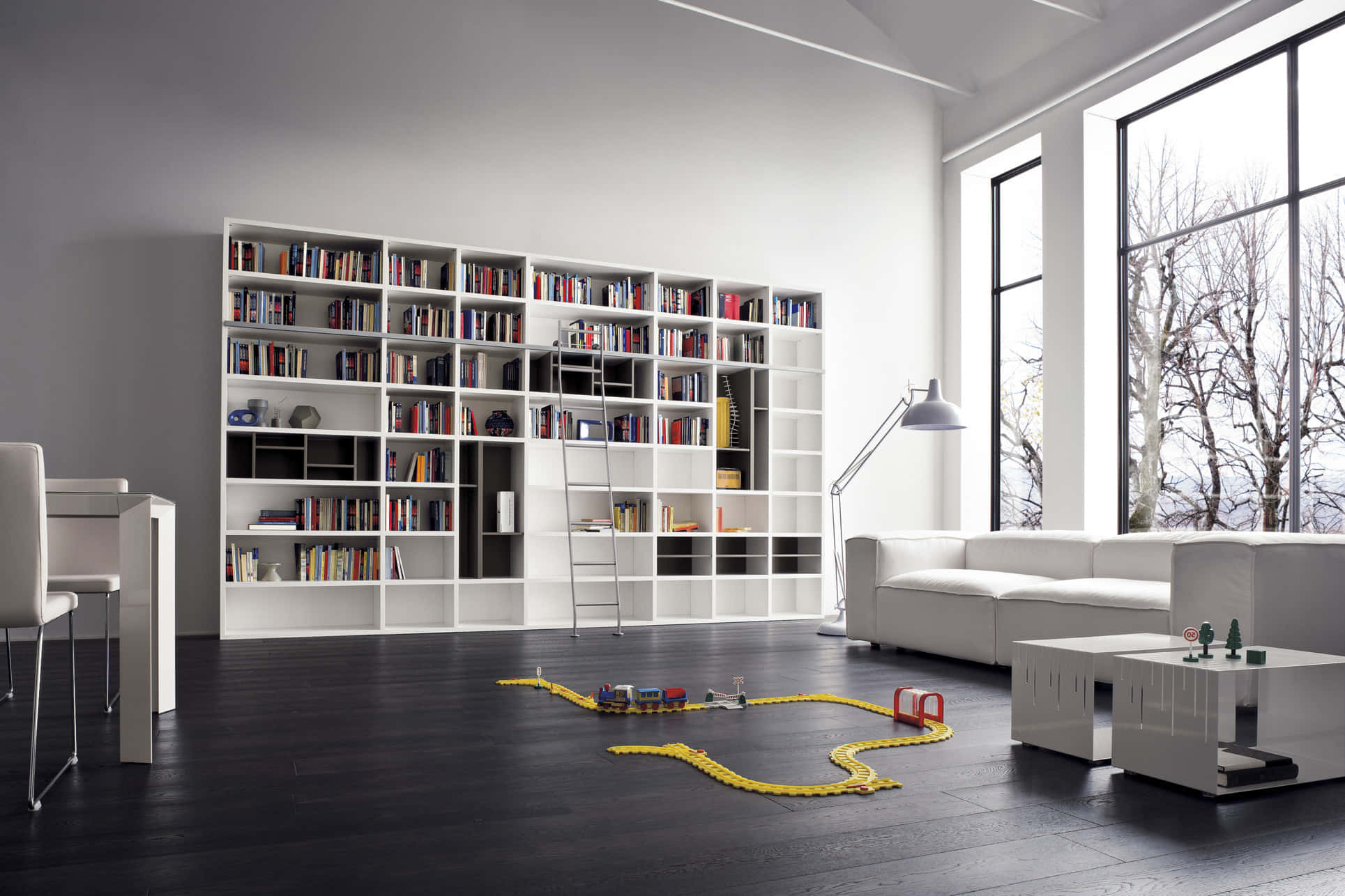 white living room, white couch, white bookshelf, Full HD Desktop Wallpaper