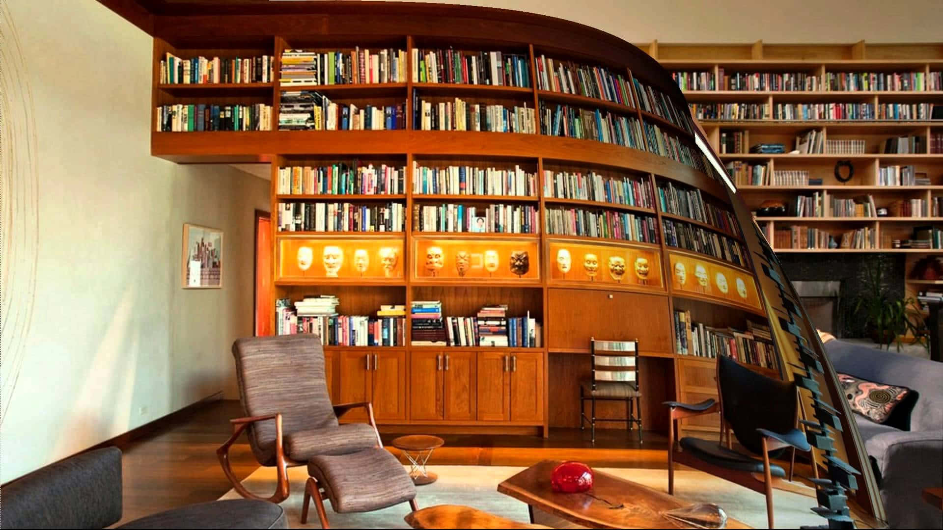 Home Library, curved wooden bookshelf, mid-century modern furniture, Full HD Desktop Wallpaper
