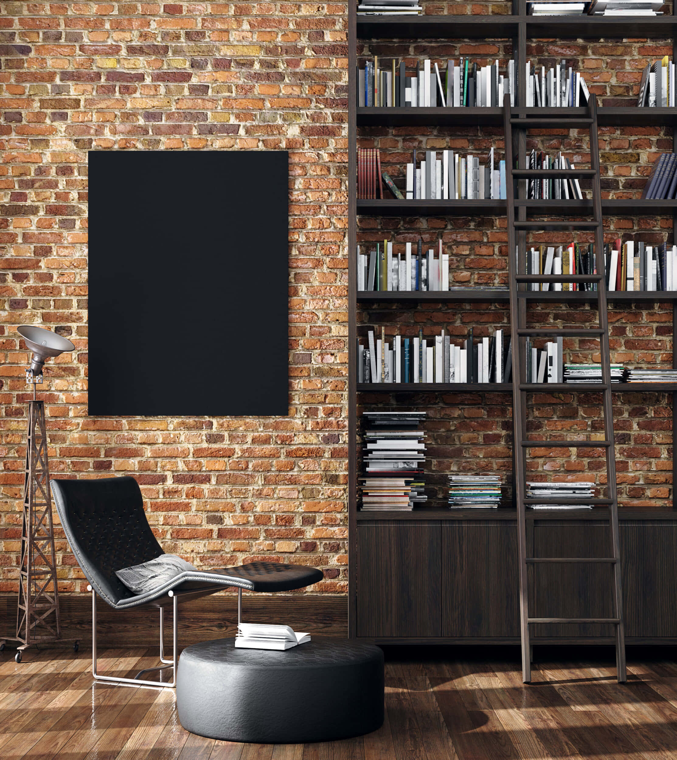 brick wall, bookshelf, ladder, Full HD Phone Wallpaper