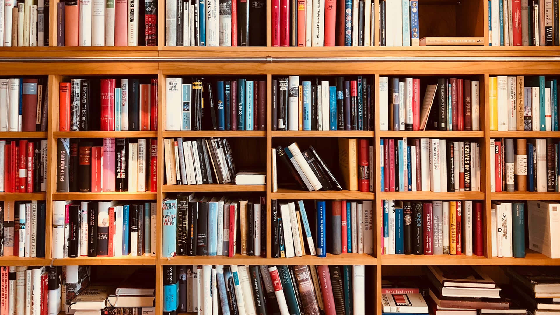 Home Library, warm wooden bookshelves, colorful books, Full HD Desktop Wallpaper