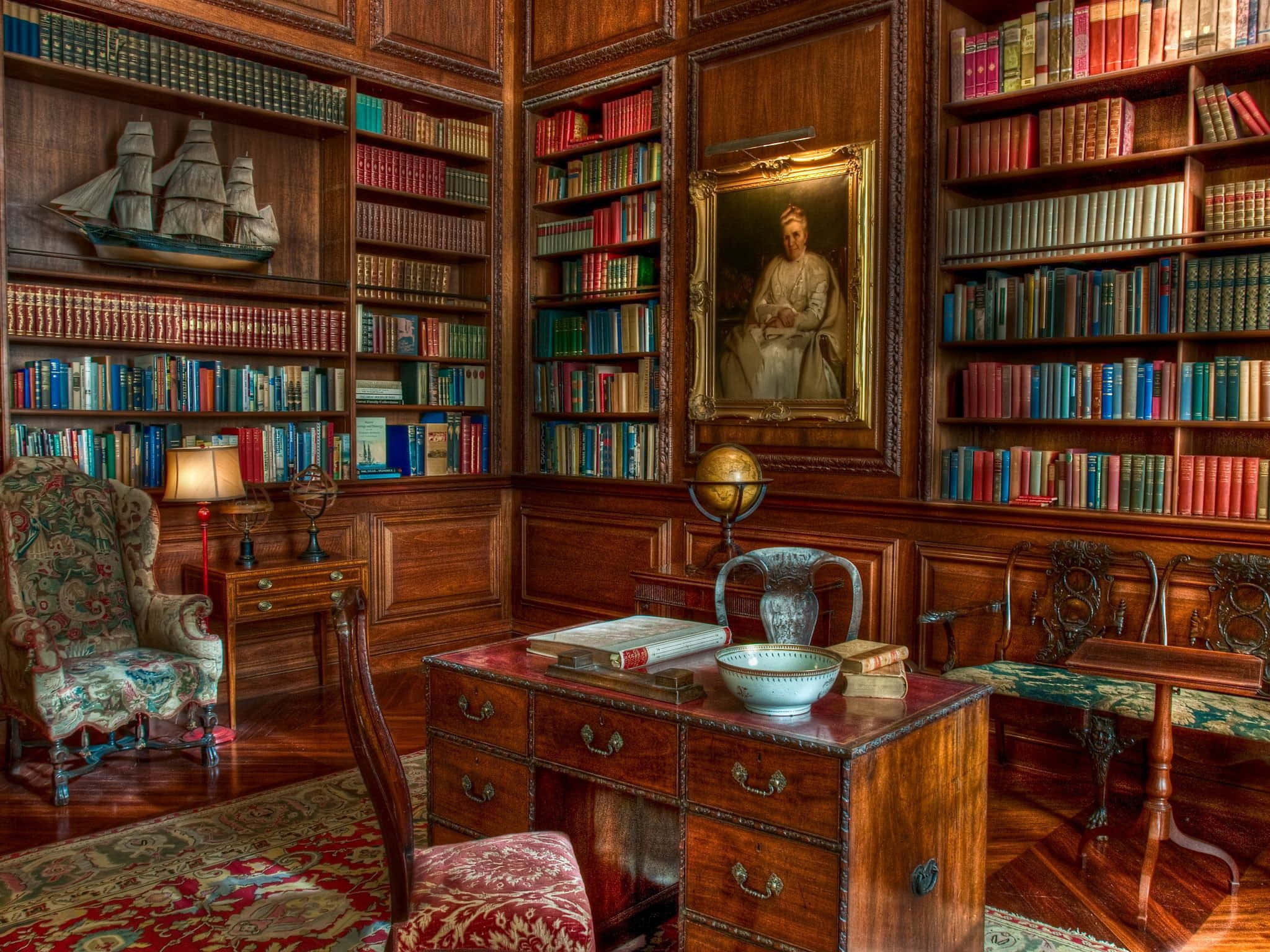 Home Library, dark wood paneling, bookshelves, Full HD Desktop Wallpaper