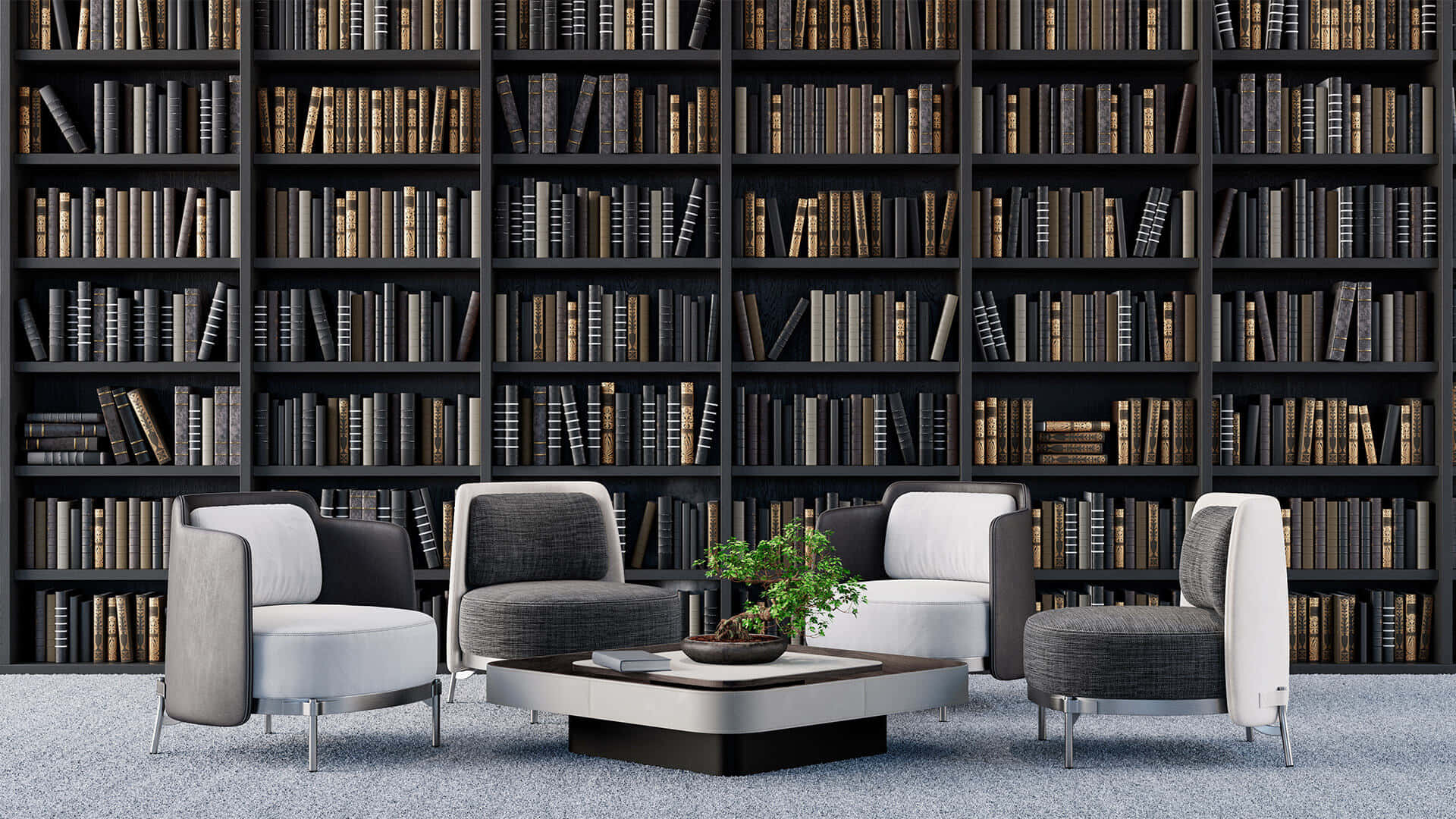 Home Library, dark bookcase, gray chairs, Full HD Desktop Wallpaper
