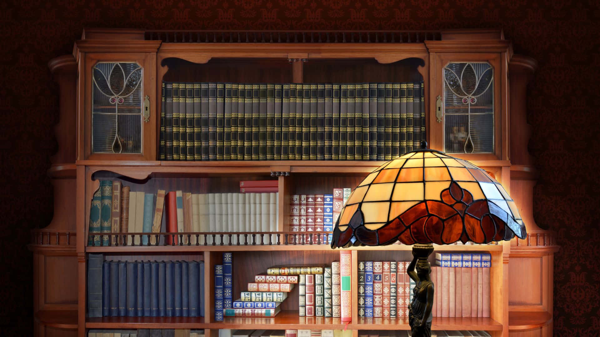 Home Library, stained glass lamp, wooden bookcase, Full HD Desktop Wallpaper