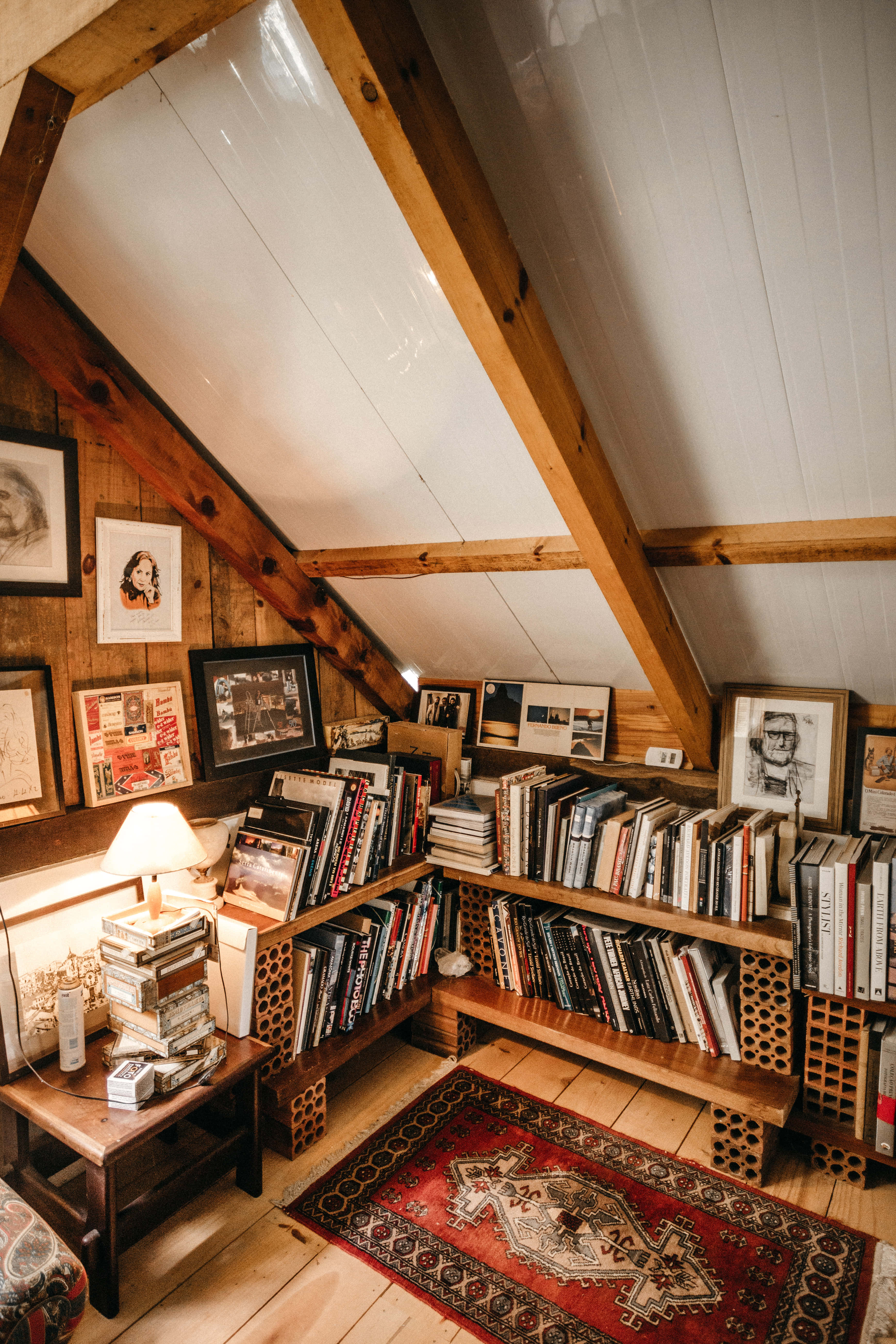 attic reading nook, wooden beams, bookshelves, 5K Phone Wallpaper