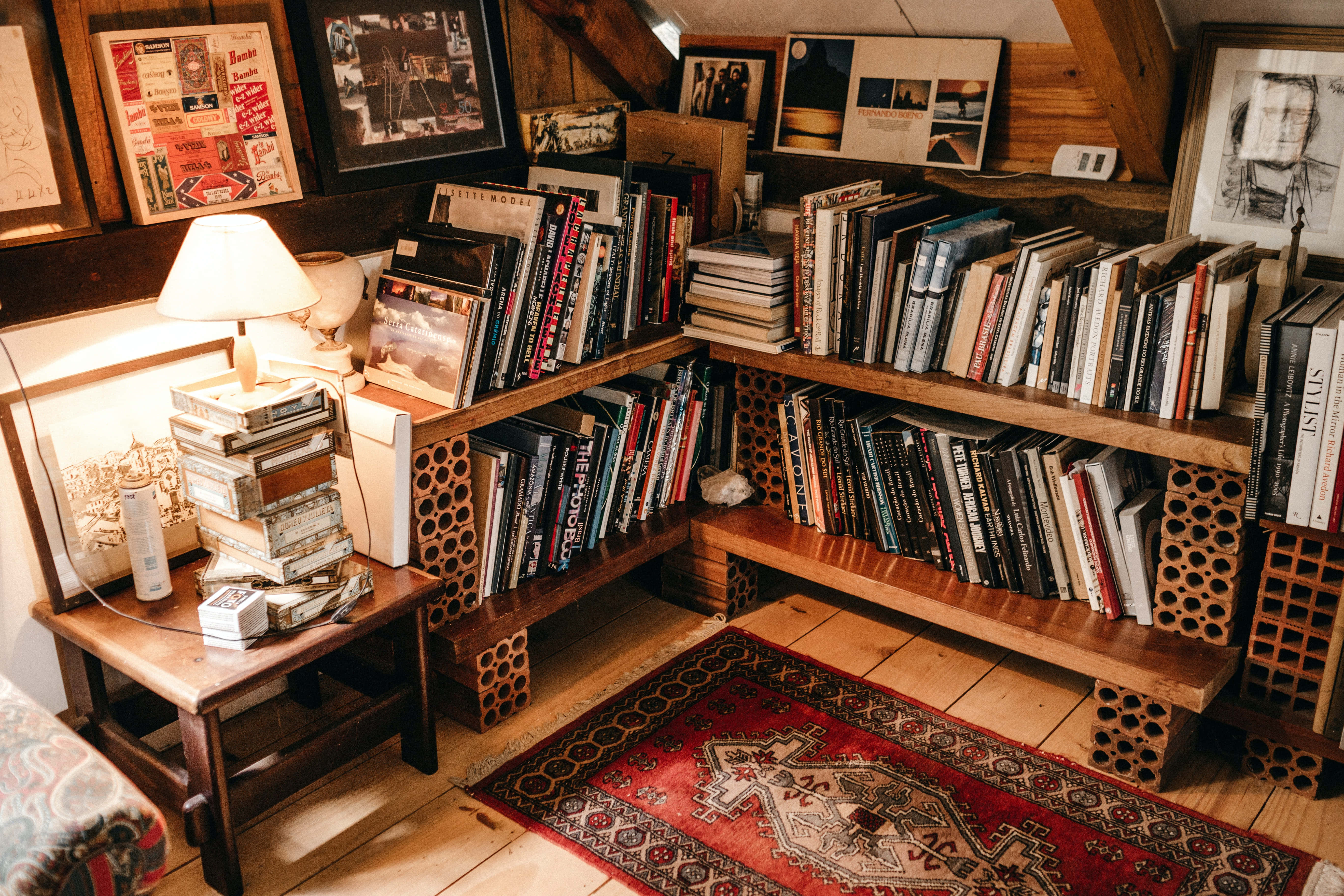 Home Library, attic nook, wooden bookshelves, 5K Desktop Wallpaper